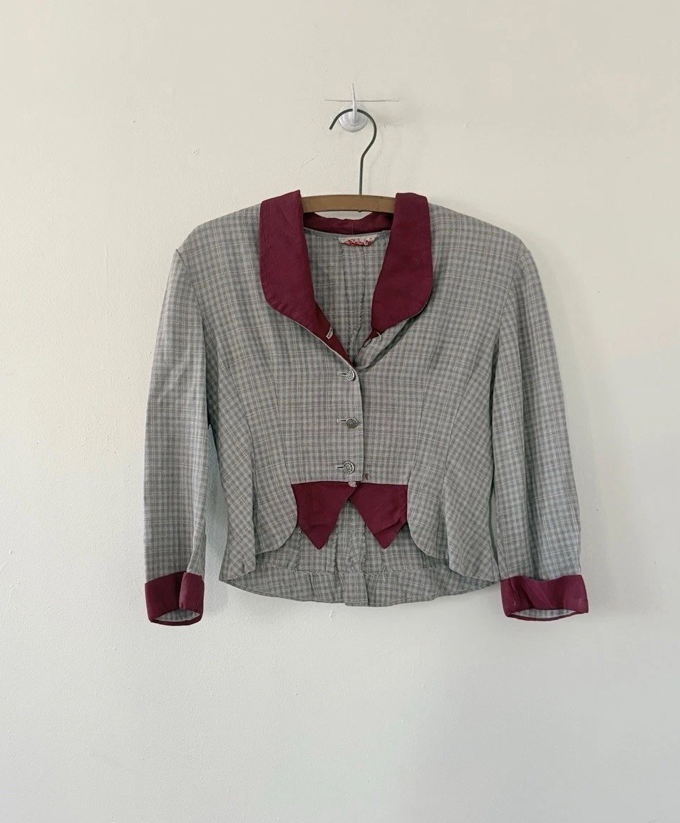 1940s Plaid Rayon Structured Peplum Jacket/Bodice Top W/ Contrast Faille Trim S