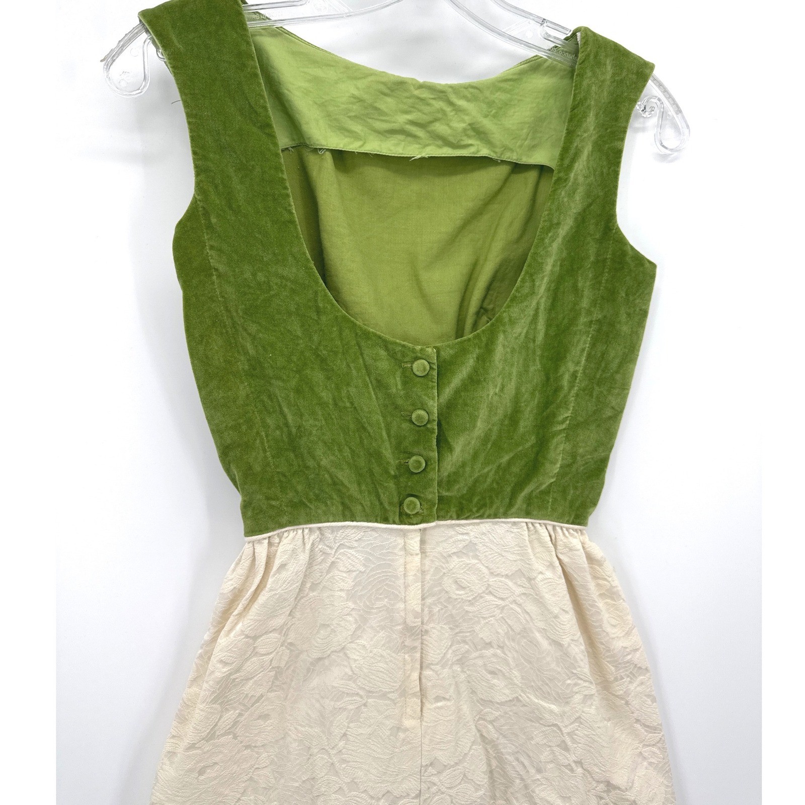 VTG 1960’s Green Velvet Cocktail Dress Cream Floral Brocade Luxury Rockabilly