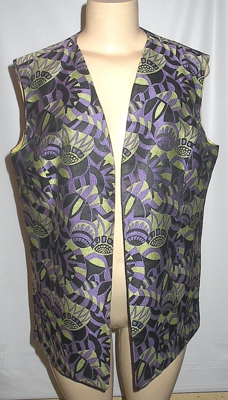 VTG 60’s Brocade Psychedelic Vest Black Purple Lime Green Women 40 Chest 26 Long