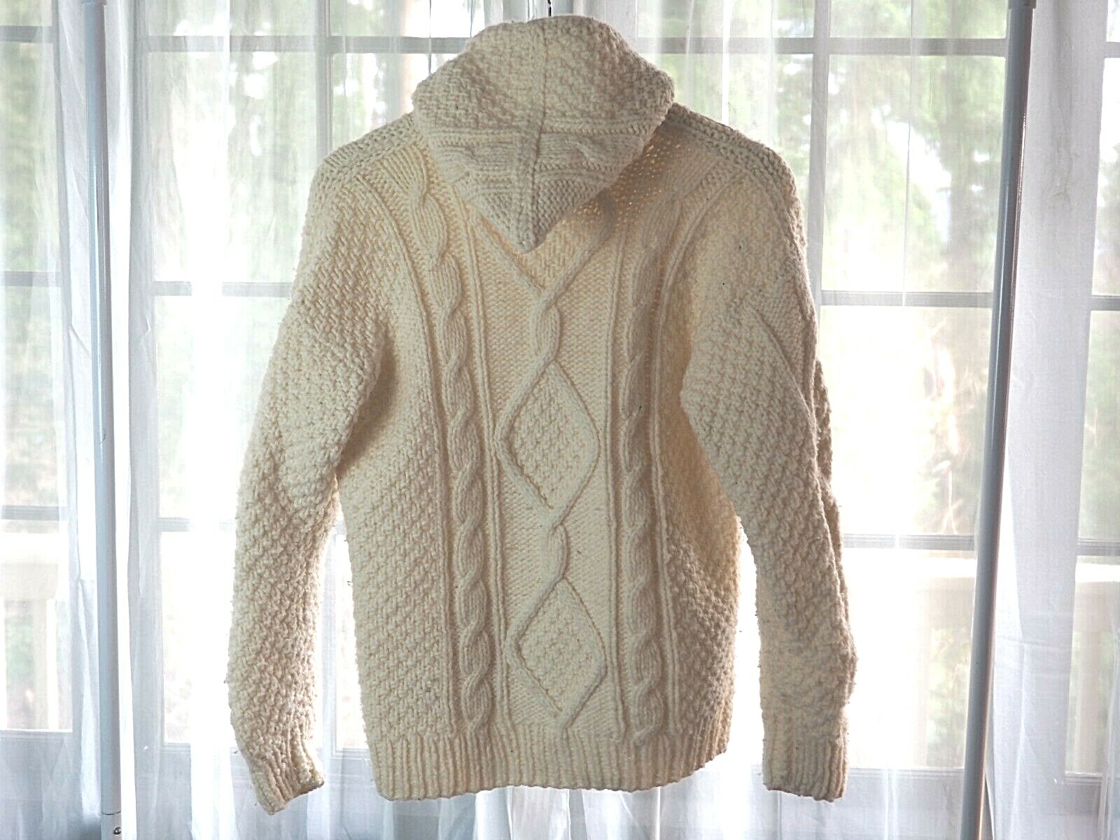 VTG 70s Colors of the Andes 100% Wool Ivory Cableknit Zip Hood Pockets Sweater M