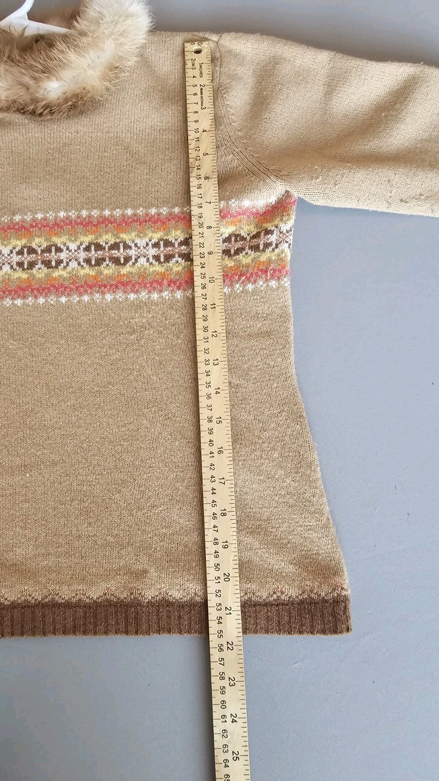 Vintage Casual Corner Lambswool Cashmere Sweater Real Fur Collar M Y2K Fair Isle