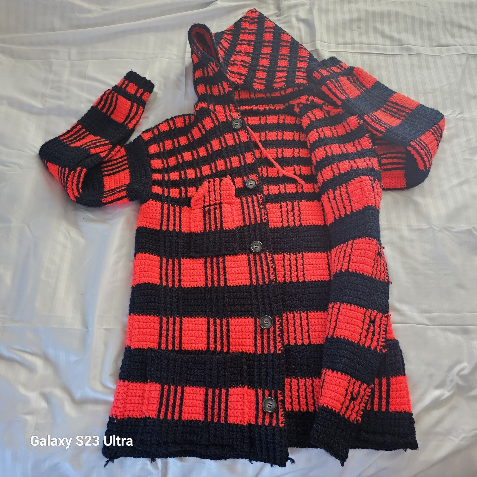 VTG 70s CROTCHET Black and Red HEAVY Jacket Coat w HOOD BUTTONS POCKETS Handmade