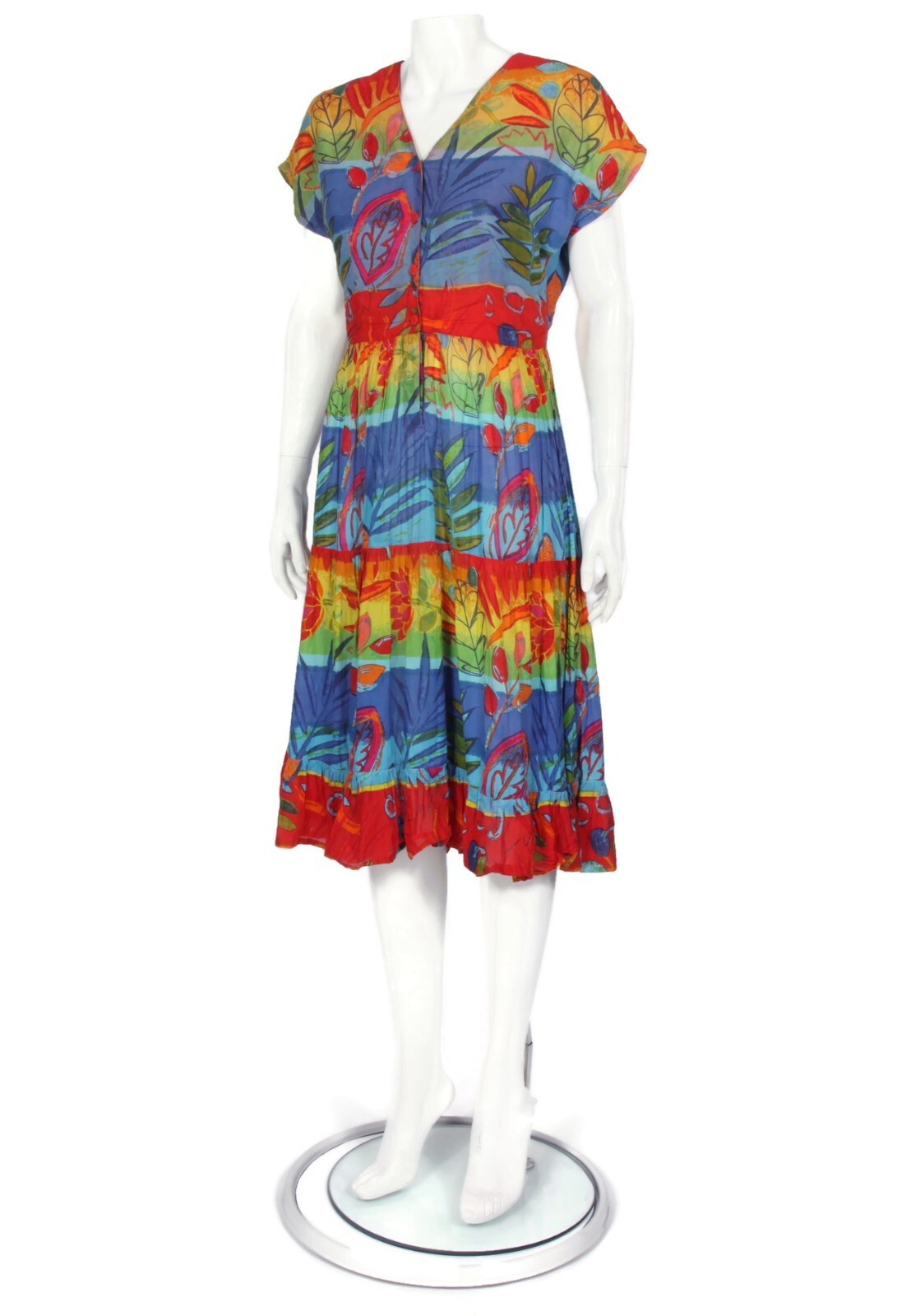 Vintage PHOOL Rainbow Floral Leaf Short Sleeve Cotton Tiered Dress size S /214