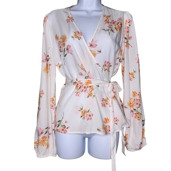 Old Navy Floral Wrap Blouse Cream Pink Peach Flowers Boho Hippie Peplum Feminine