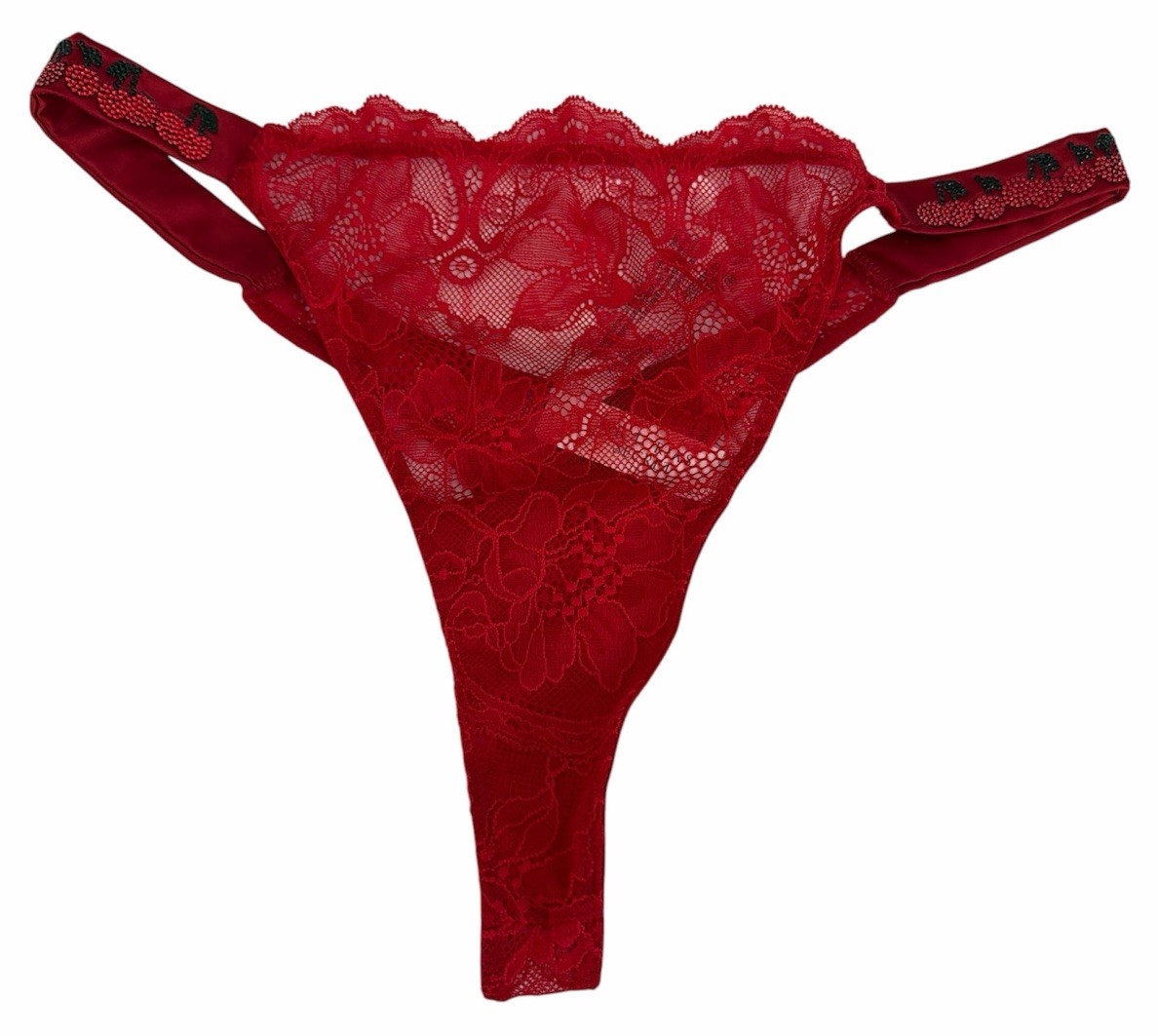 Victoria’s Secret Very Sexy V-String Thong Panty Red Lace Bling Cherries Size L