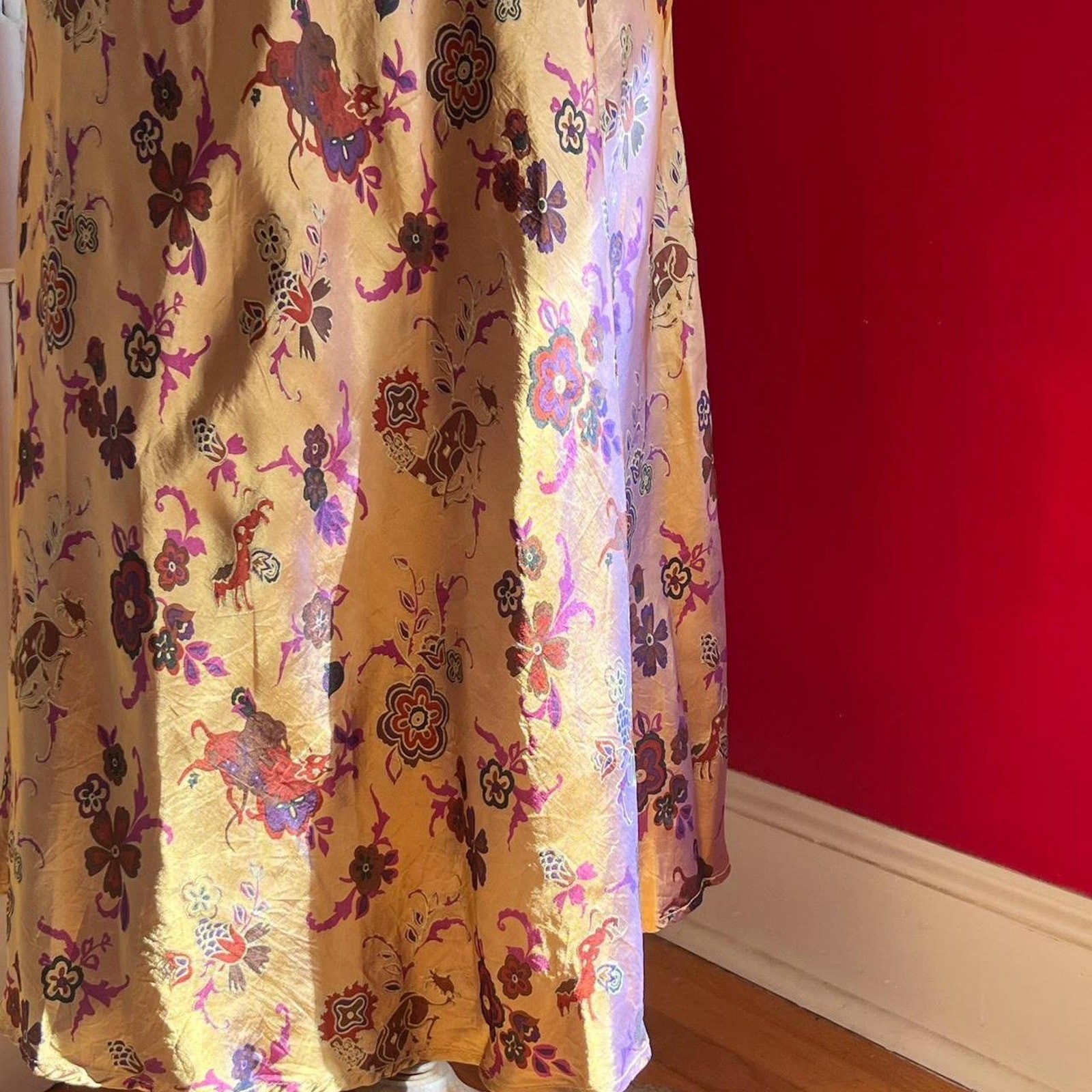 Vintage 1990s Boho Gold Satin Purple Sheen Bull & Wildcat Print Slip Skirt XS