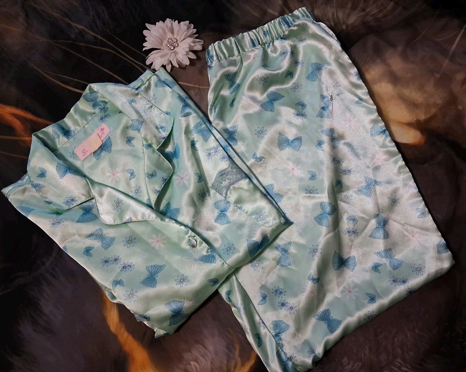 Vintage So Heavenly Pajama Set L Silky Satin Lace Butterfly Lingerie 90sY2K 2000