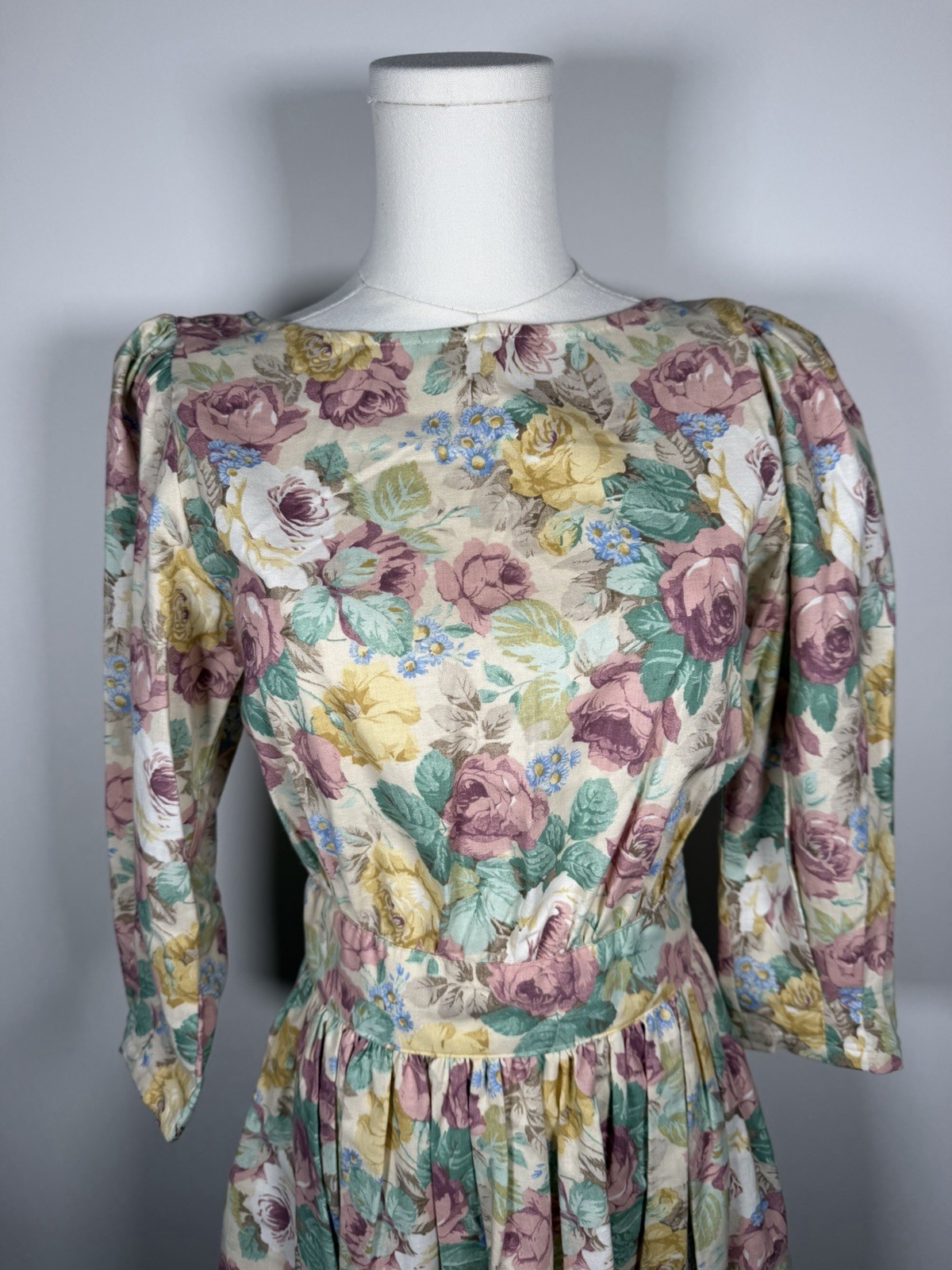 Vintage 80s muted floral puff sleeve cottagecore prairie victorian dress 4