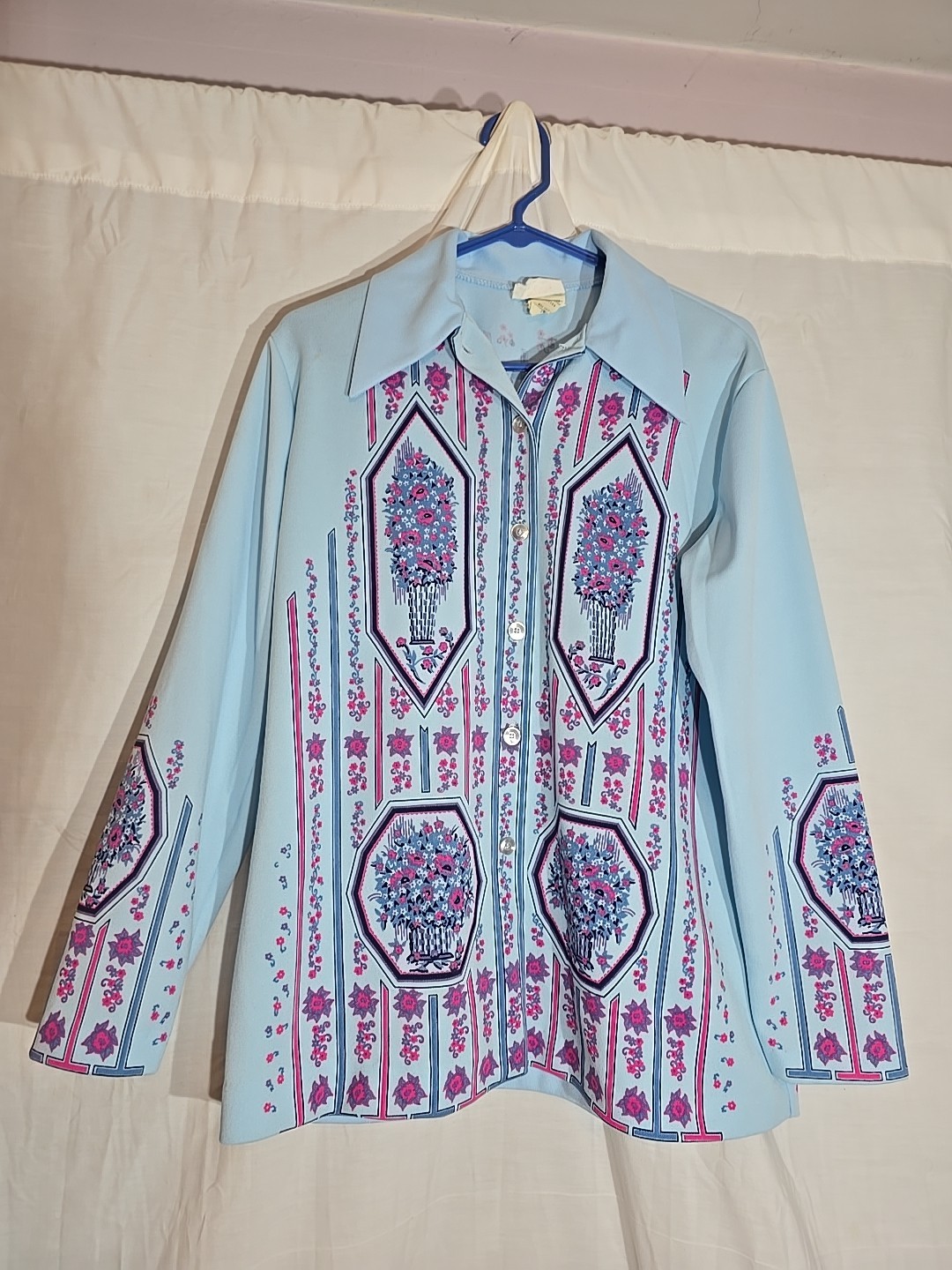 Vintage 1960s Blouse Top Shirt Geometric Floral Blue Size 38