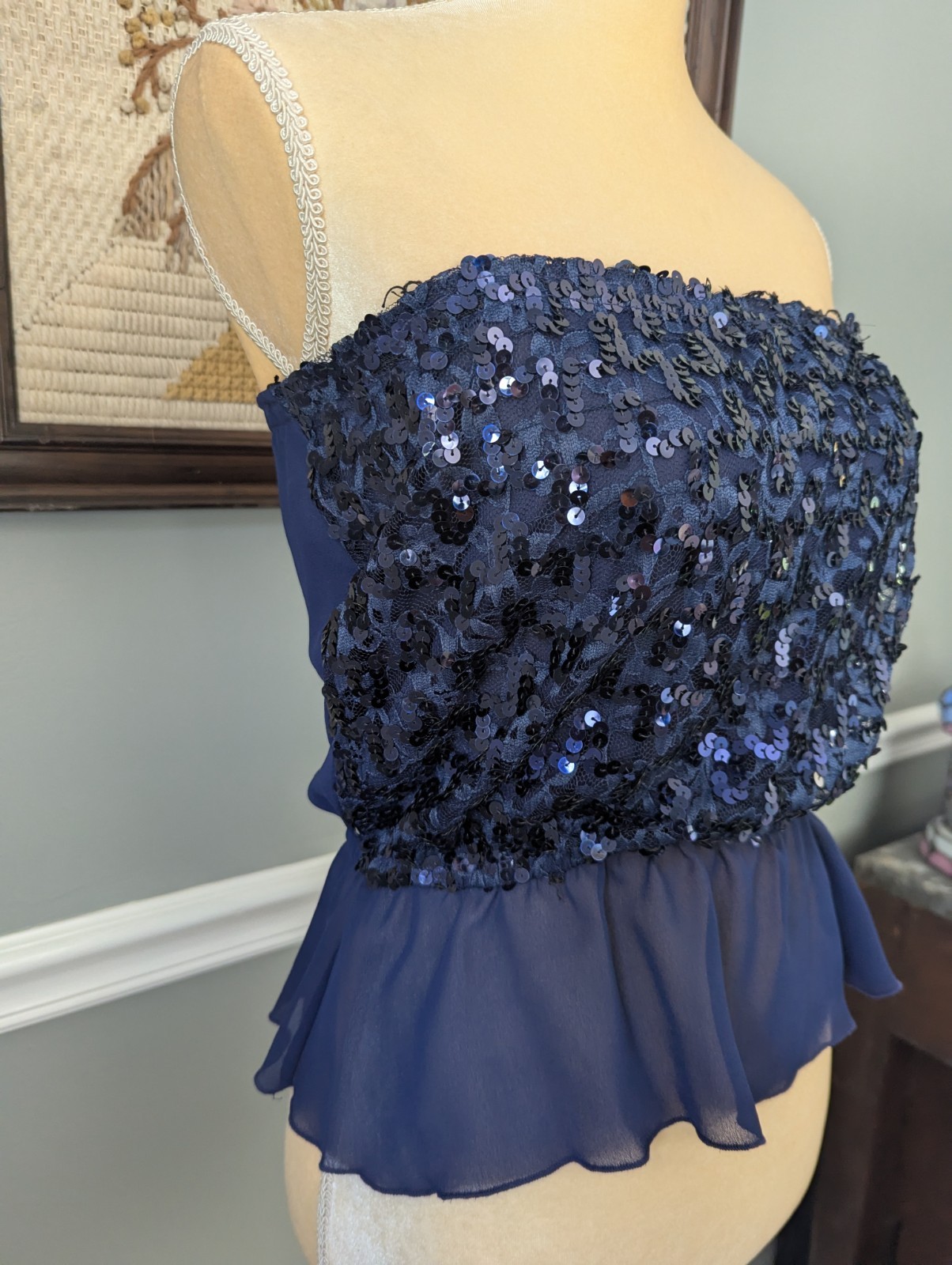 Vintage 70s Frere Jacques Navy Metallic Sequin Glitter Disco Tube Top Strapless