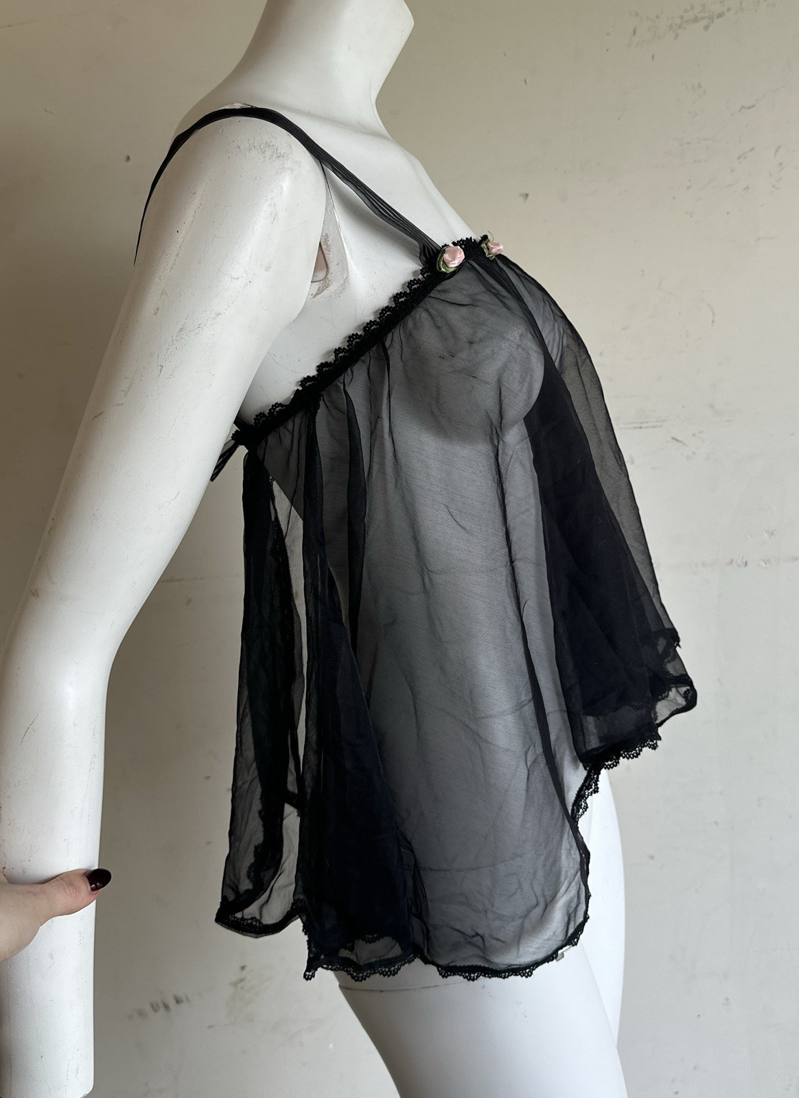 Vintage Black Babydoll Lingerie Top With Rosettes One Size 80s 90s Y2K