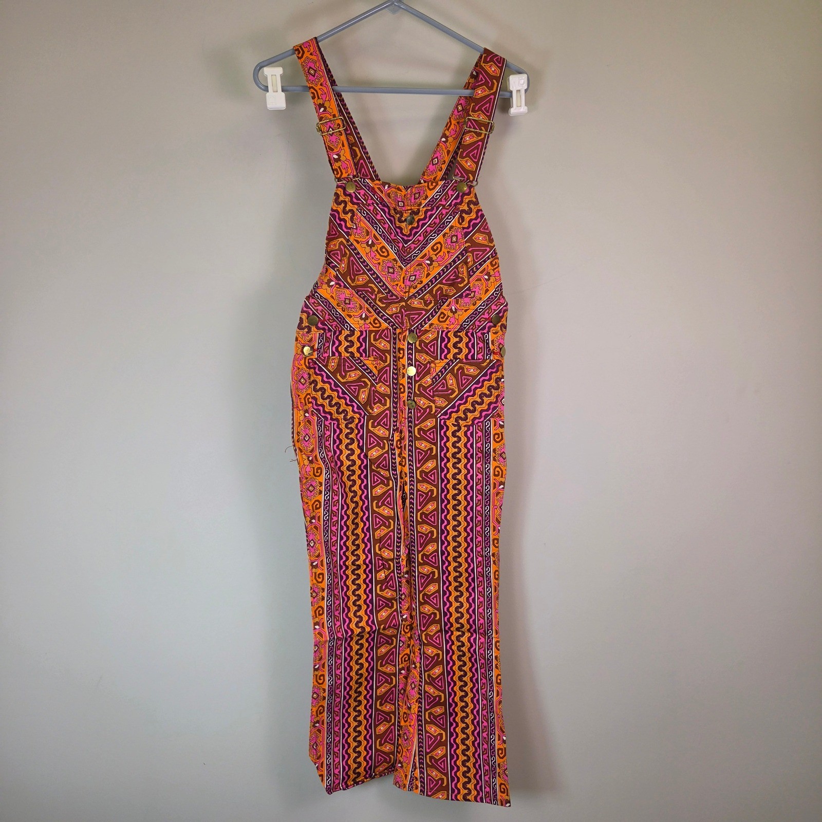Vintage Fly Mfg Co Geometric Print Cotton Overalls Orange Pink Purple Size 12