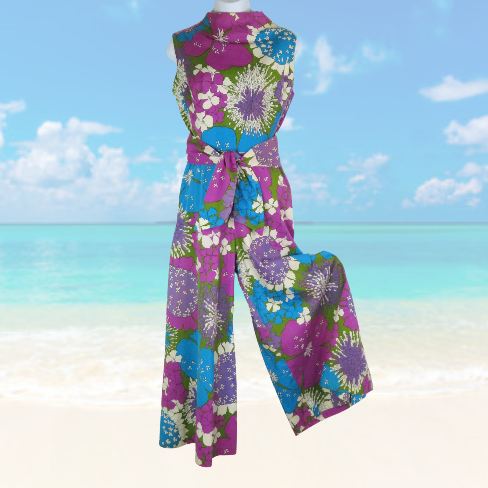 Alice Polynesian Fashions Barkcloth Palazzo Jumpsuit Vintage Hawaiian Romper