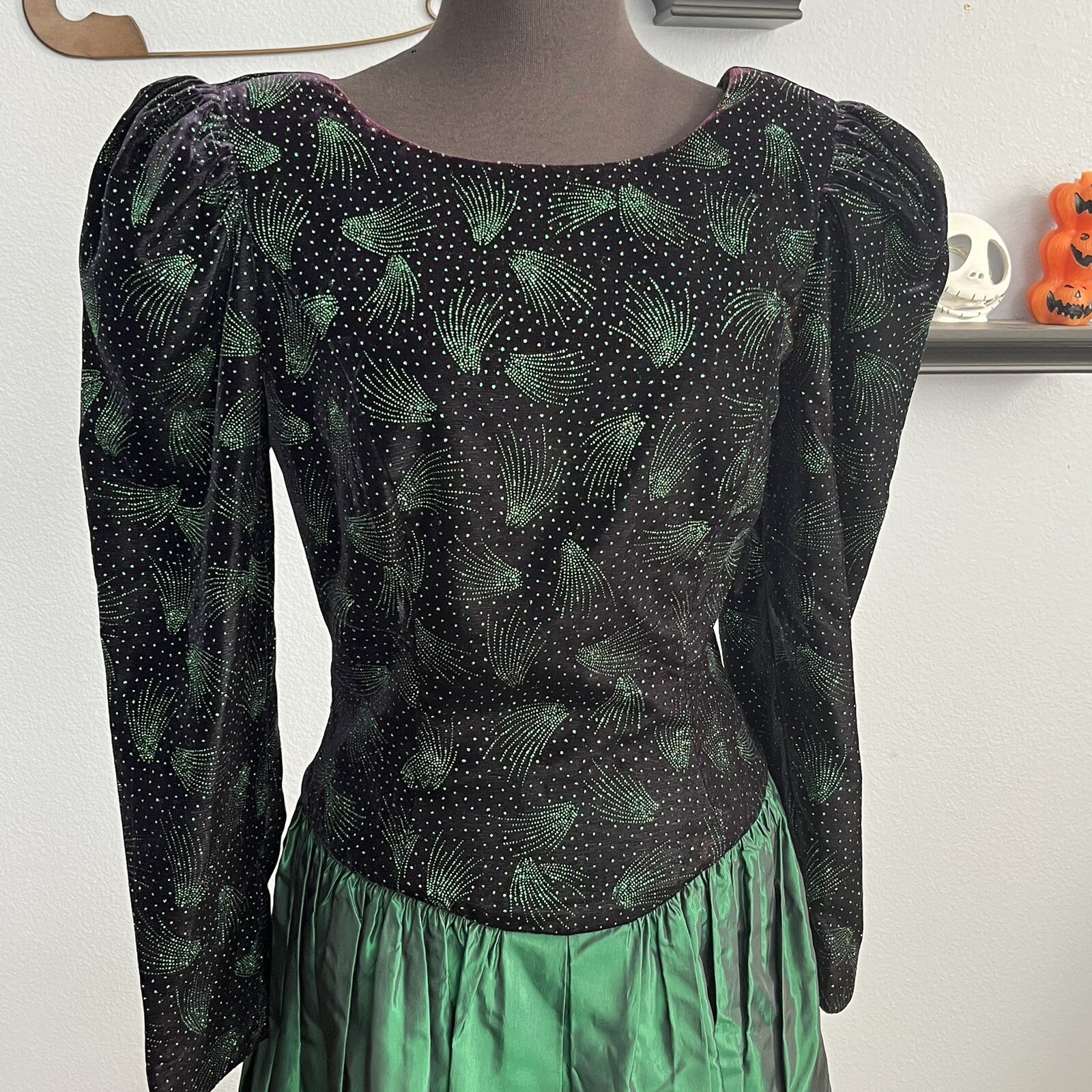 Vtg Black Velvet Taffeta Leg Of Mutton Sleeve Dress Leslie Fay Evenings XS