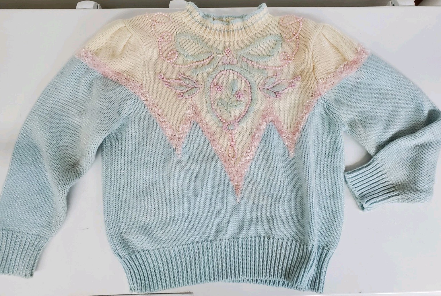 Jaclyn Smith Vintage Sweater Chunky Beaded 80’s White Blue Pink LARGE