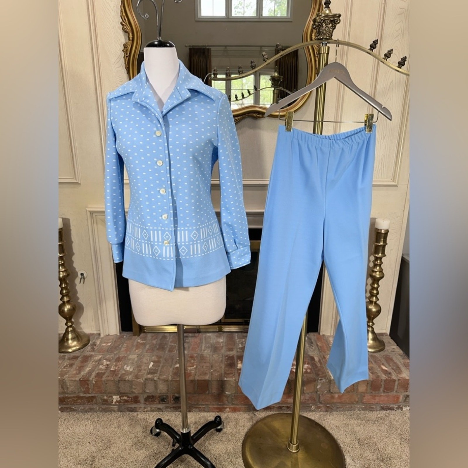 Bodin Knits Pantsuit Size M Blue VTG 70s Geometric Disco Mod Indie Sleaze