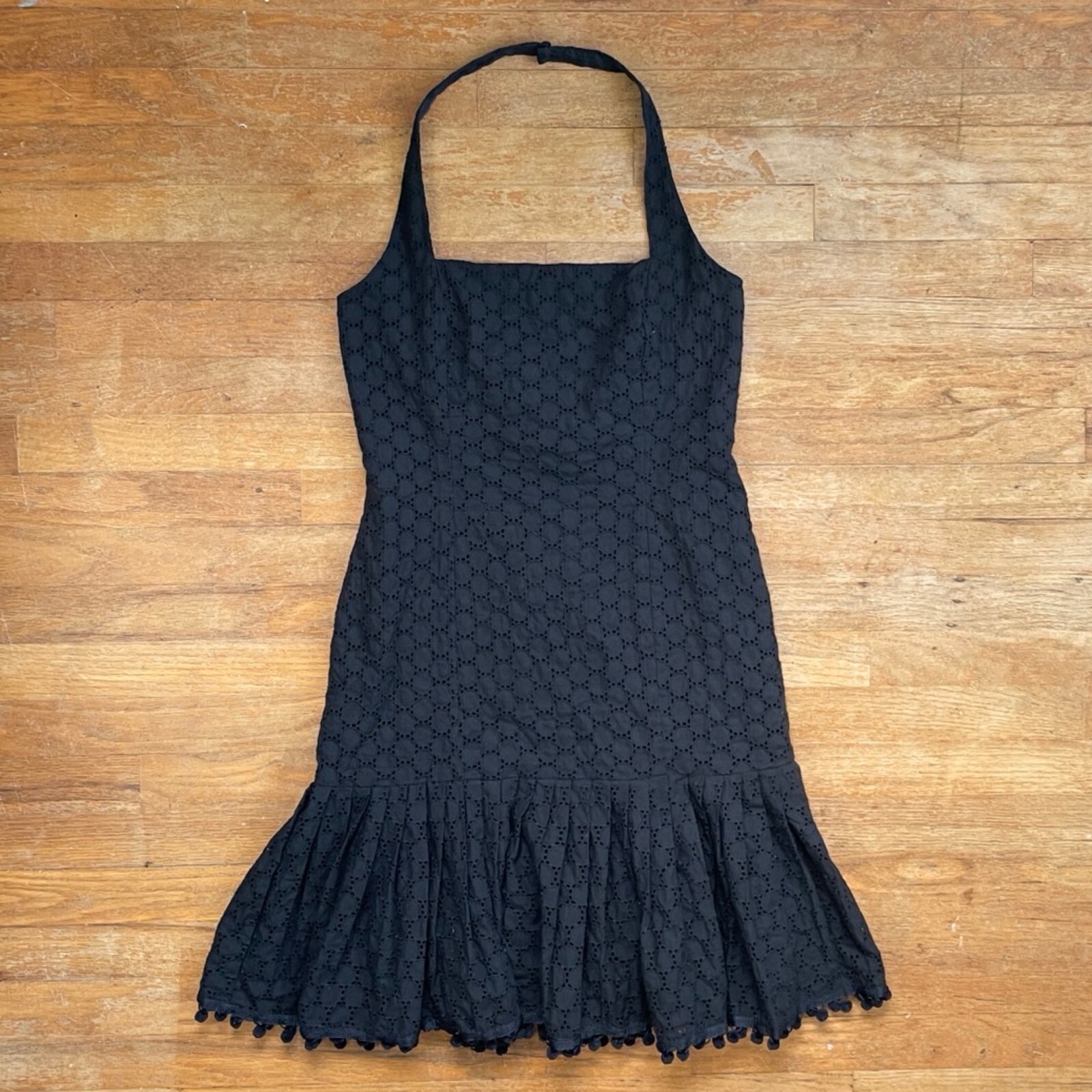 Vintage Eyelet Lace Cotton Dress Size Small 90s Maggy London Pom Pom Trim Halter