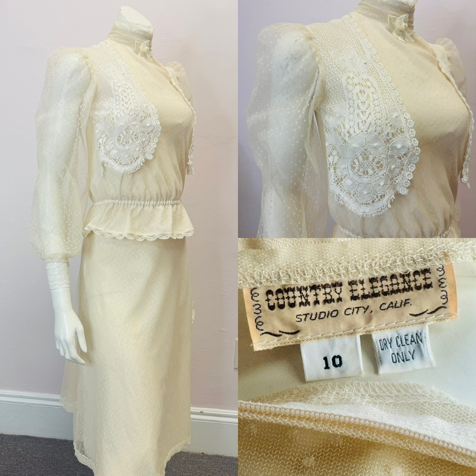 VTG 70s Susan Lanes Country Elegance peplum Dress set swiss dot prairie gunne xs