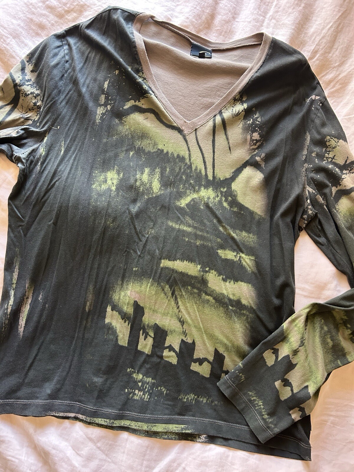 RARE Vintage Just Cavalli Long Sleeve Tee Shirt Green/Black Woods Print & Owl 56