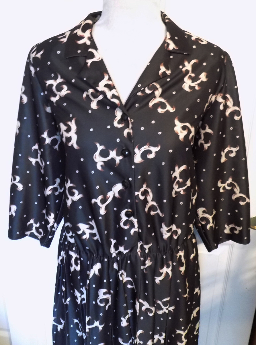 Vintage Black Print Polyester Dress Nancy II 18WP B44