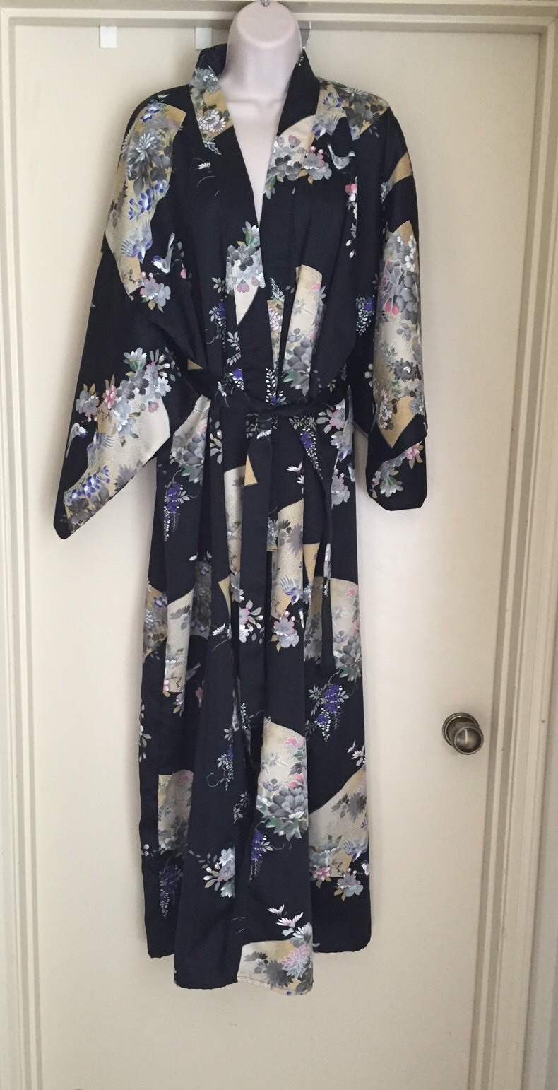 ICHIBAN Vintage 80s 90s Bohemian boho Japanese Black Floral satin Kimono robe
