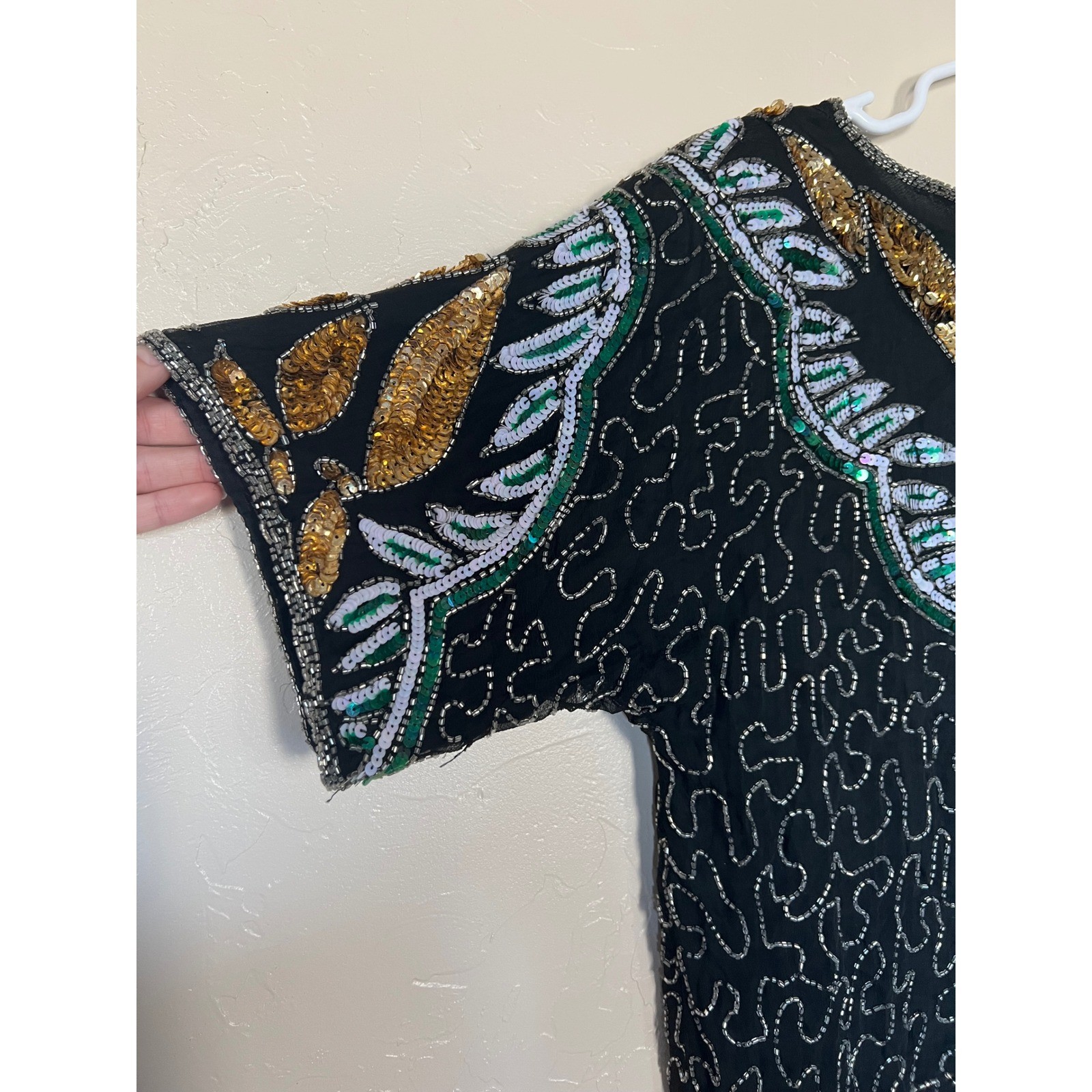 Carina Vintage Pure Silk Beaded Sequin Top Black Gold Silver Flapper Gatsby L
