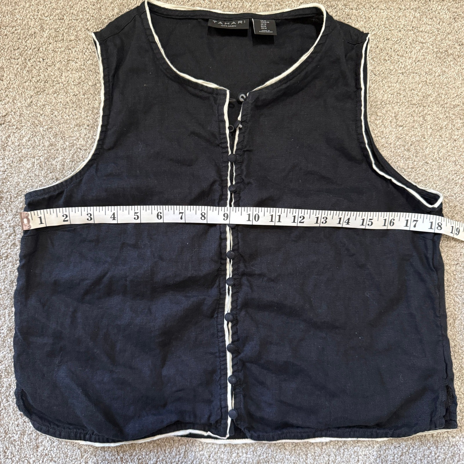 Tahari Black 100% Linen Button Front Vest Top Medium Minimal Elegant Old Money
