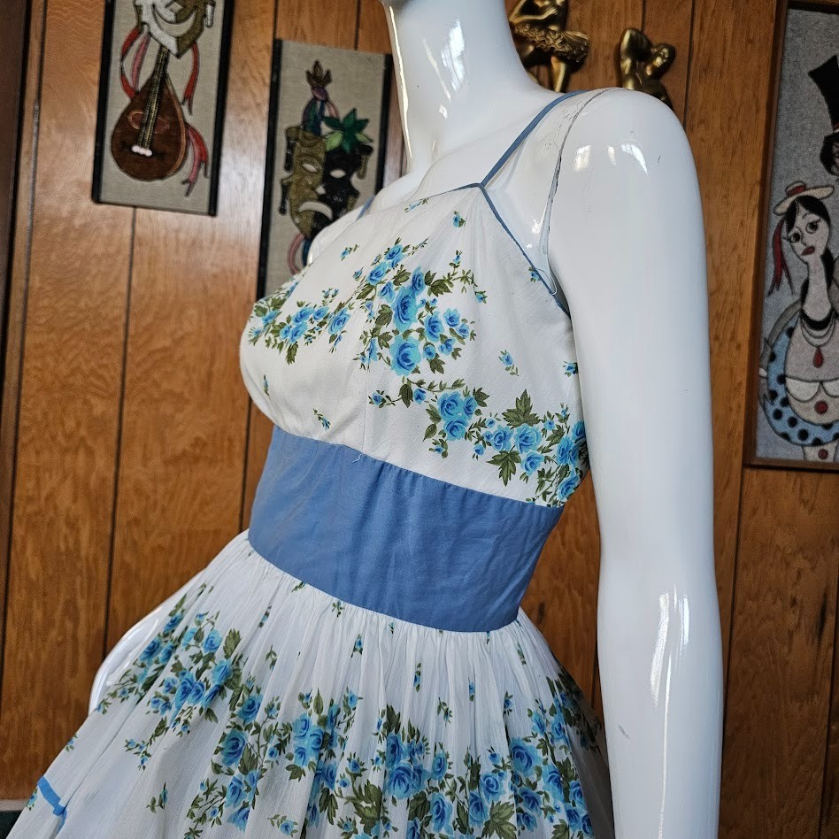 Vintage 50s Aqua Olive Cabbage Rose Voile Sheer Circle Skirt Party Prom Dress S