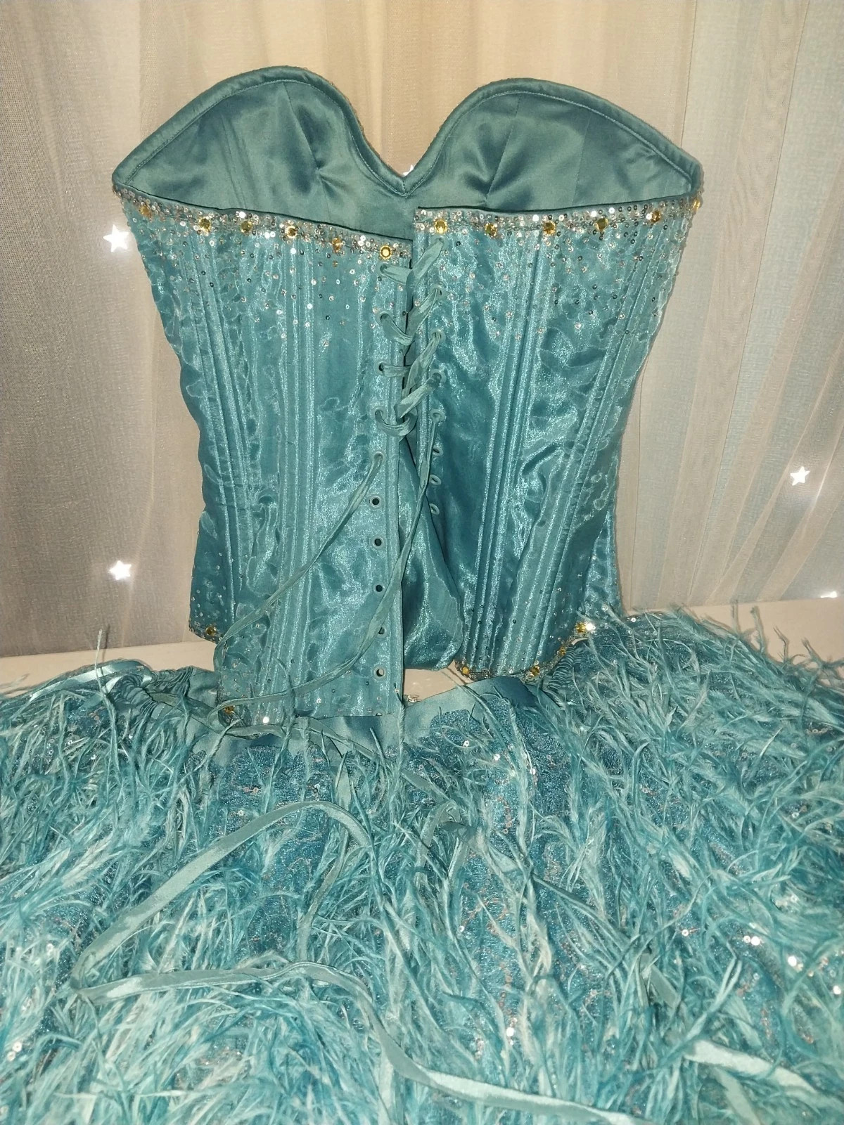 VTG Satin Burlesque Corset SHOW GIRL Skirt Set Drag AVANT La Cage Blue Dress