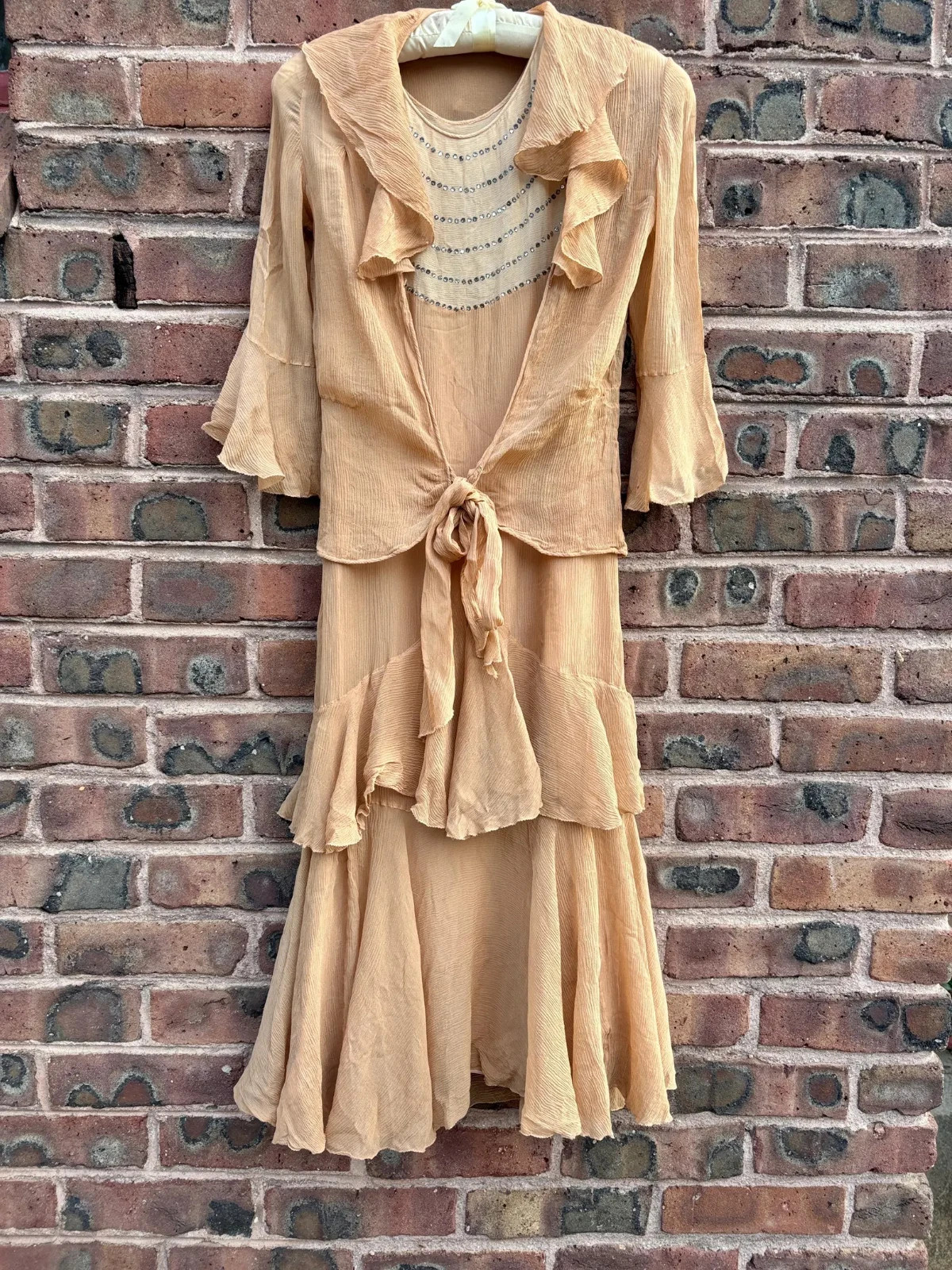 Antique 1920s Silk Chiffon Rhinestone Two Piece Dress and Wrap Top Small