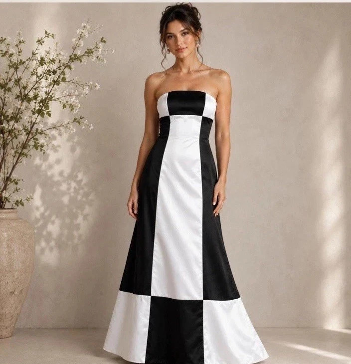 90s Jessica McClintock Black and White strapless checkerboard colorblock gown 8