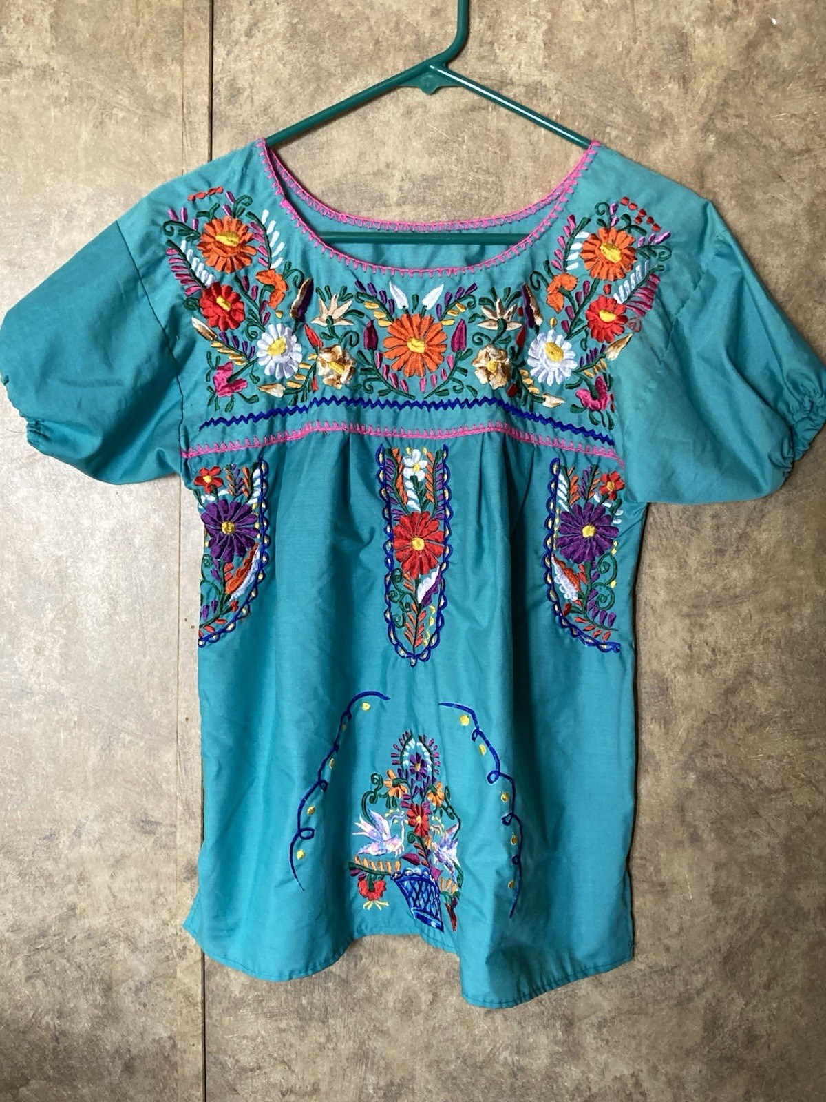 Vintage Mexican Embroidered Floral Peasant Blouse Boho Folk Art Turquoise Top S