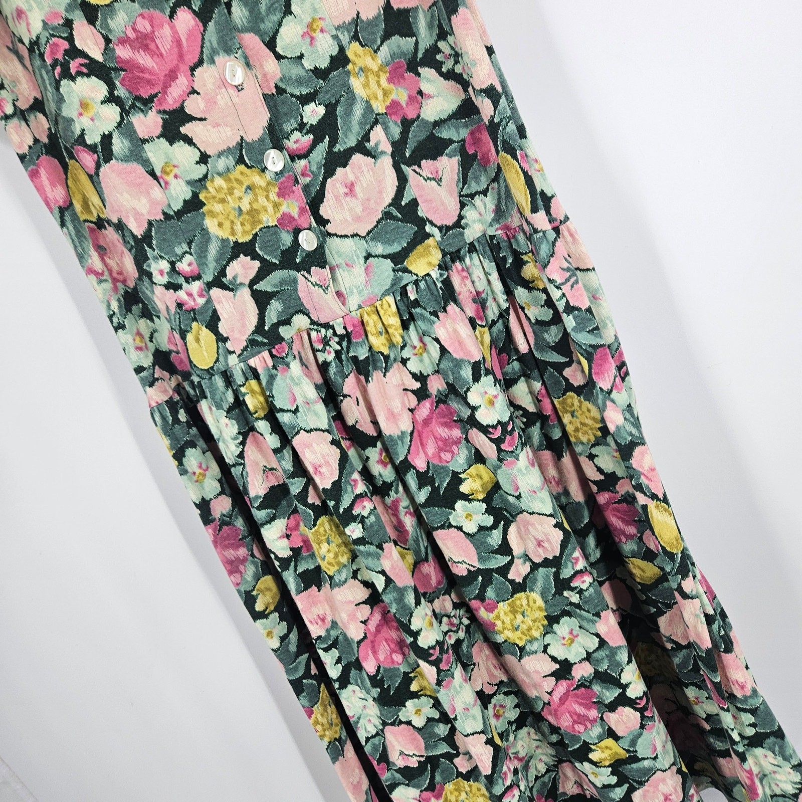 Vintage EXPO y2k 90’s Dress Green Pink Floral Grunge Button Front Midi Size 10