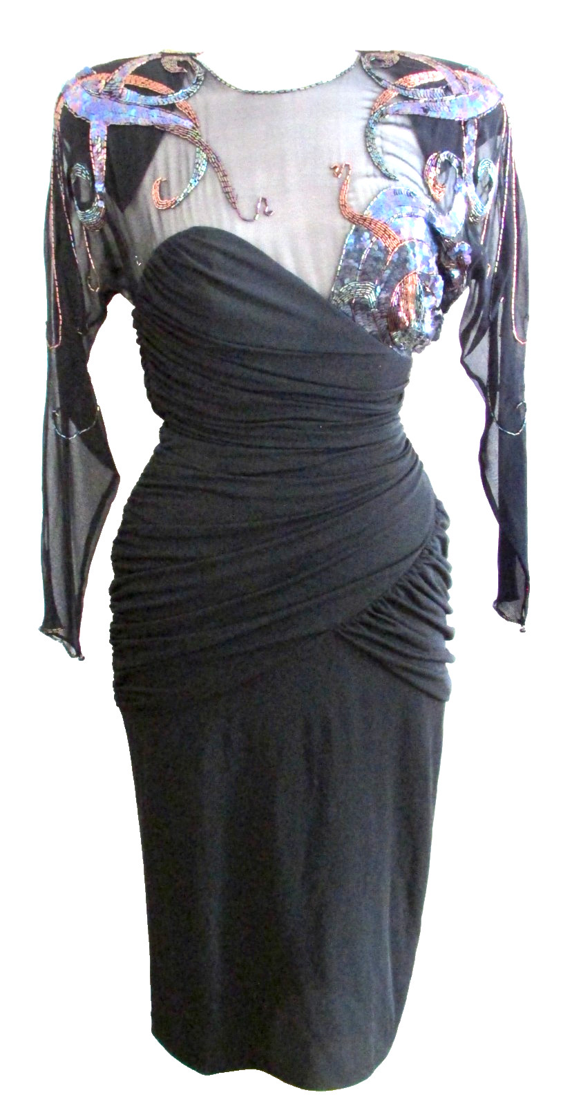 VTG 80’s Casadei Black Sheer Sequin Beaded Ruched Cocktail Dress 6 RUNS SMALL