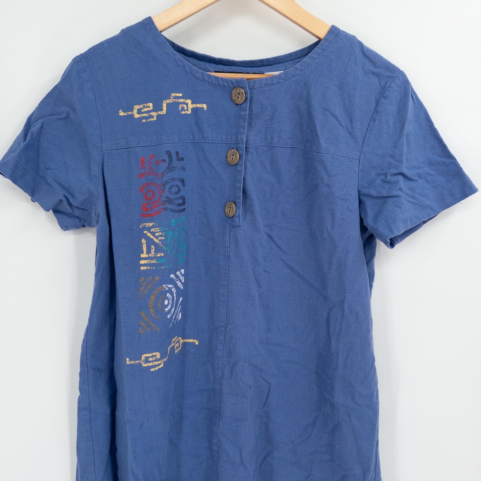 Vintage 90s Henley Dress Womens 8 Blue Linen Blend Boho Art to Wear Southwestern