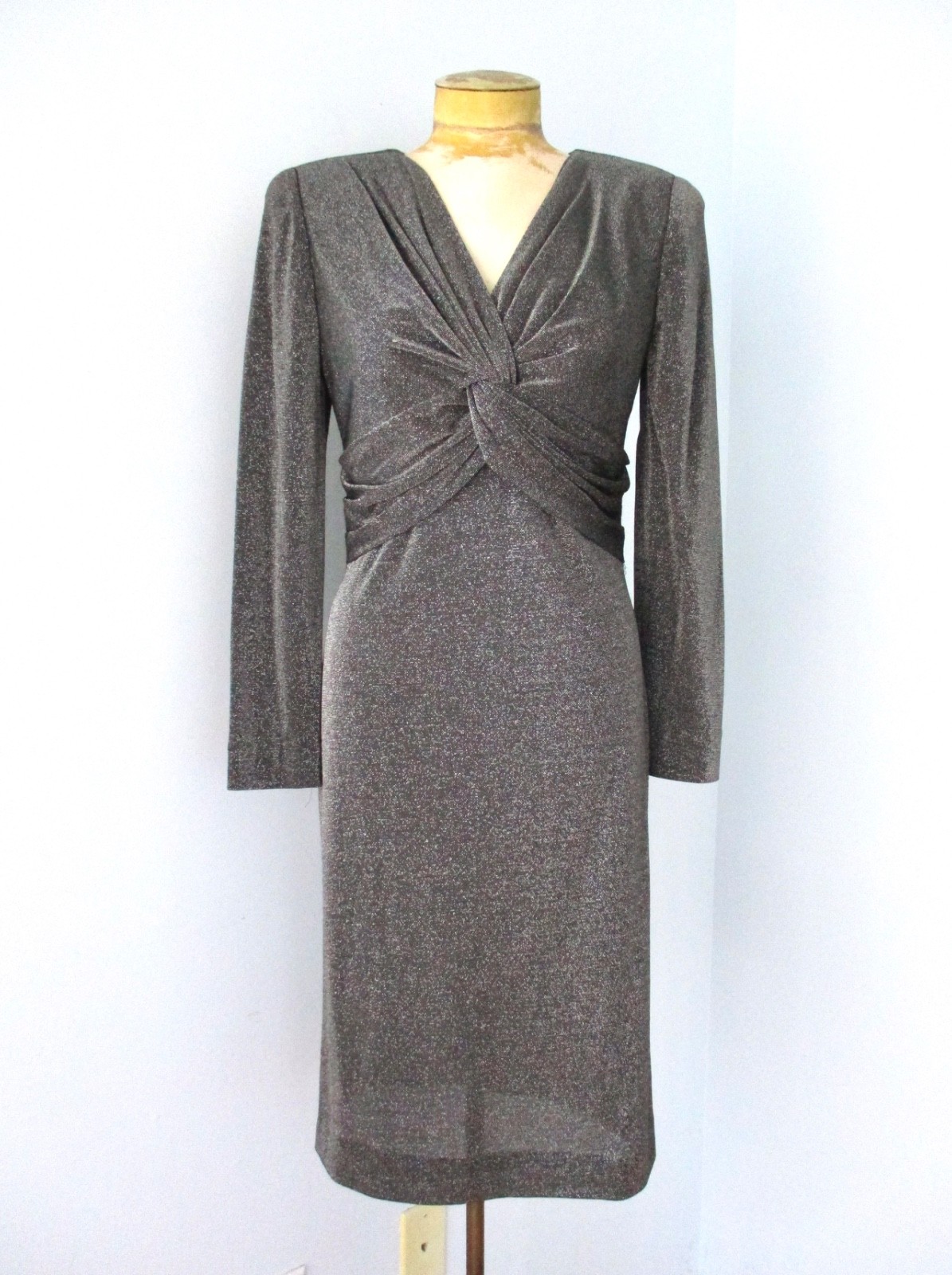Vtg 70s 80s Sparkly Silver Metallic Disco Club Dress Big Shoulders Twist Front 4
