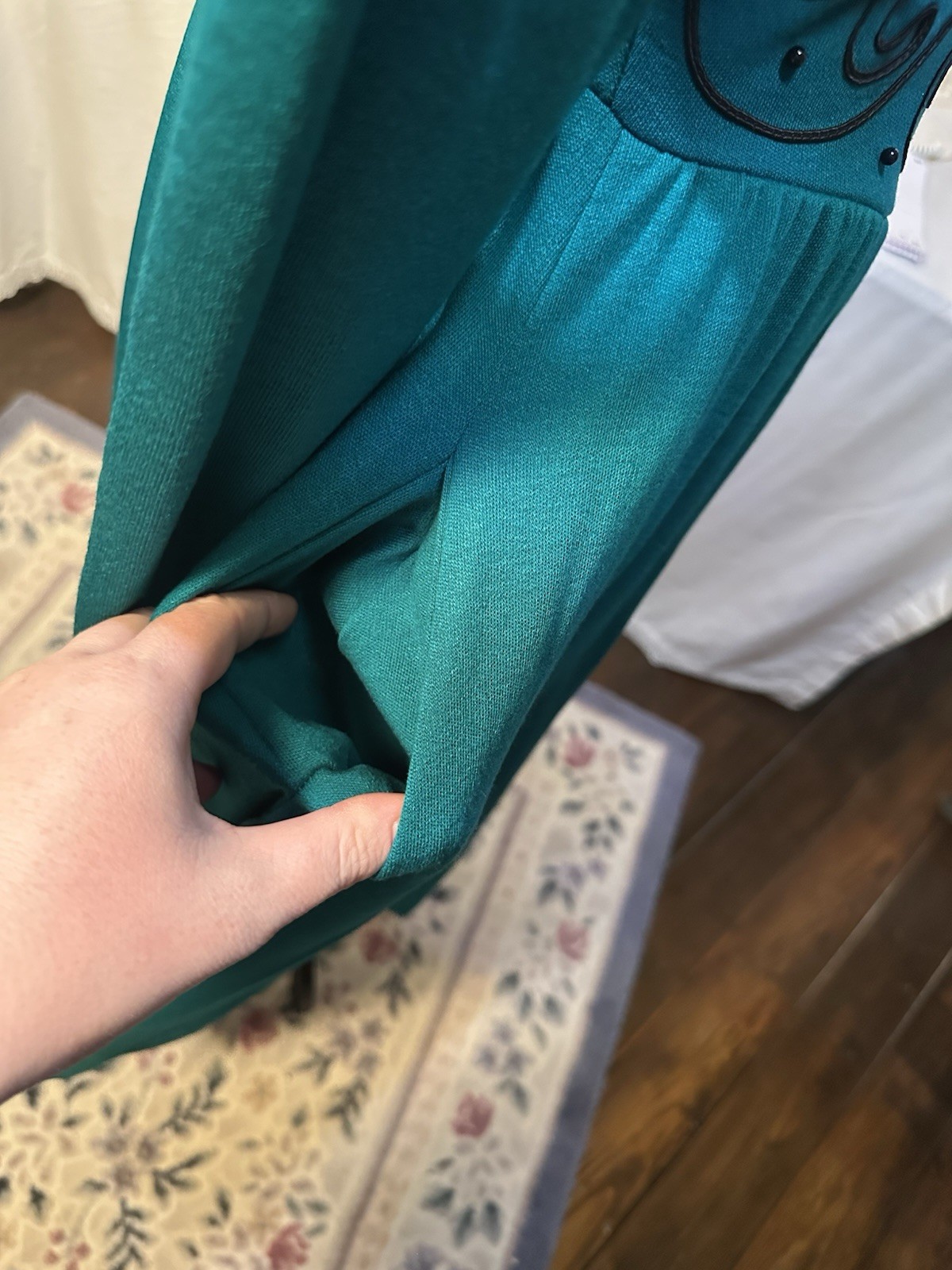 Vintage 80s Long Sleeve Green Dress Elegant Waist Pockets Fit To Flare Rodeo