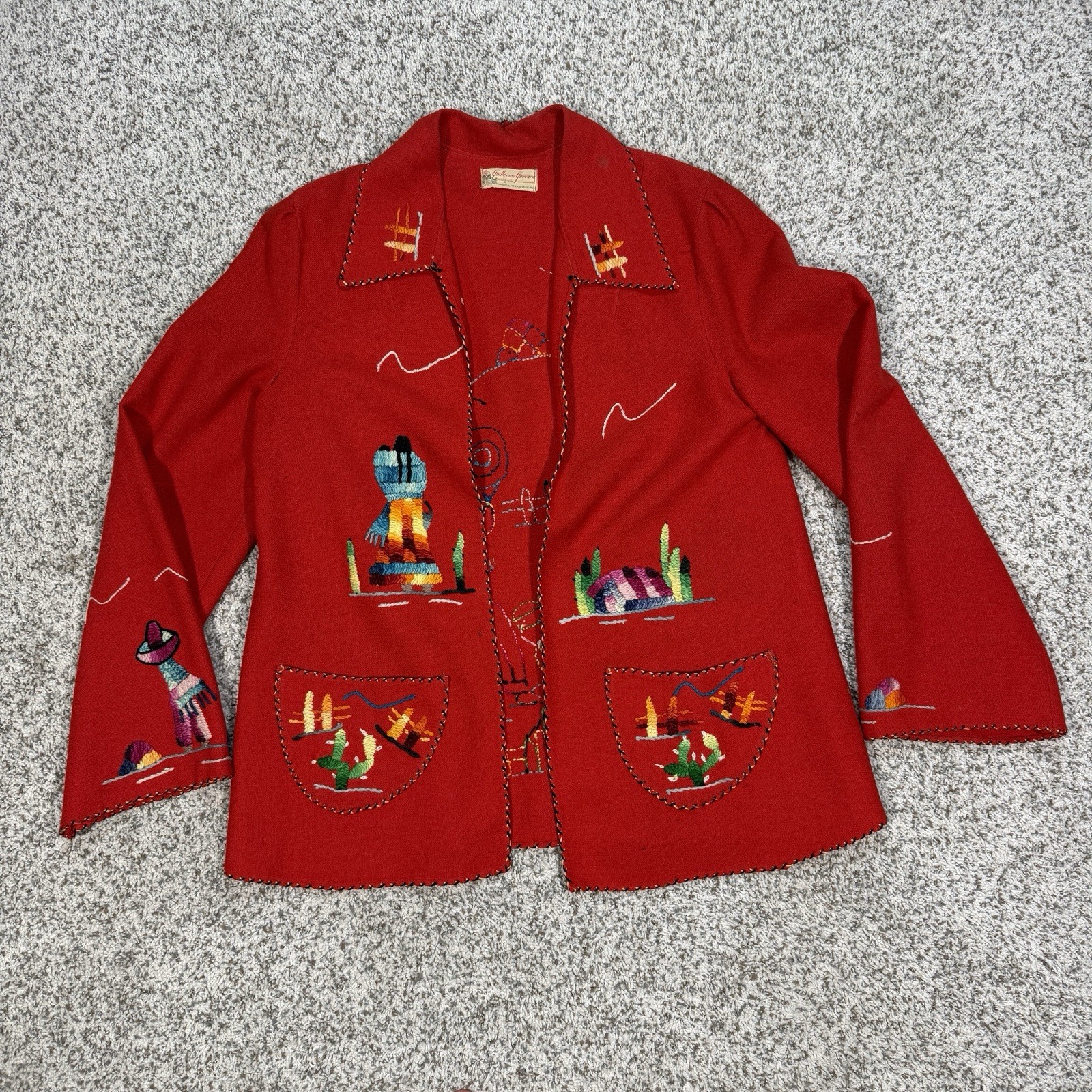 Vintage 1950s Guillermo Guevara Made In Mexico Red Hand Embroidered Wool Jacket