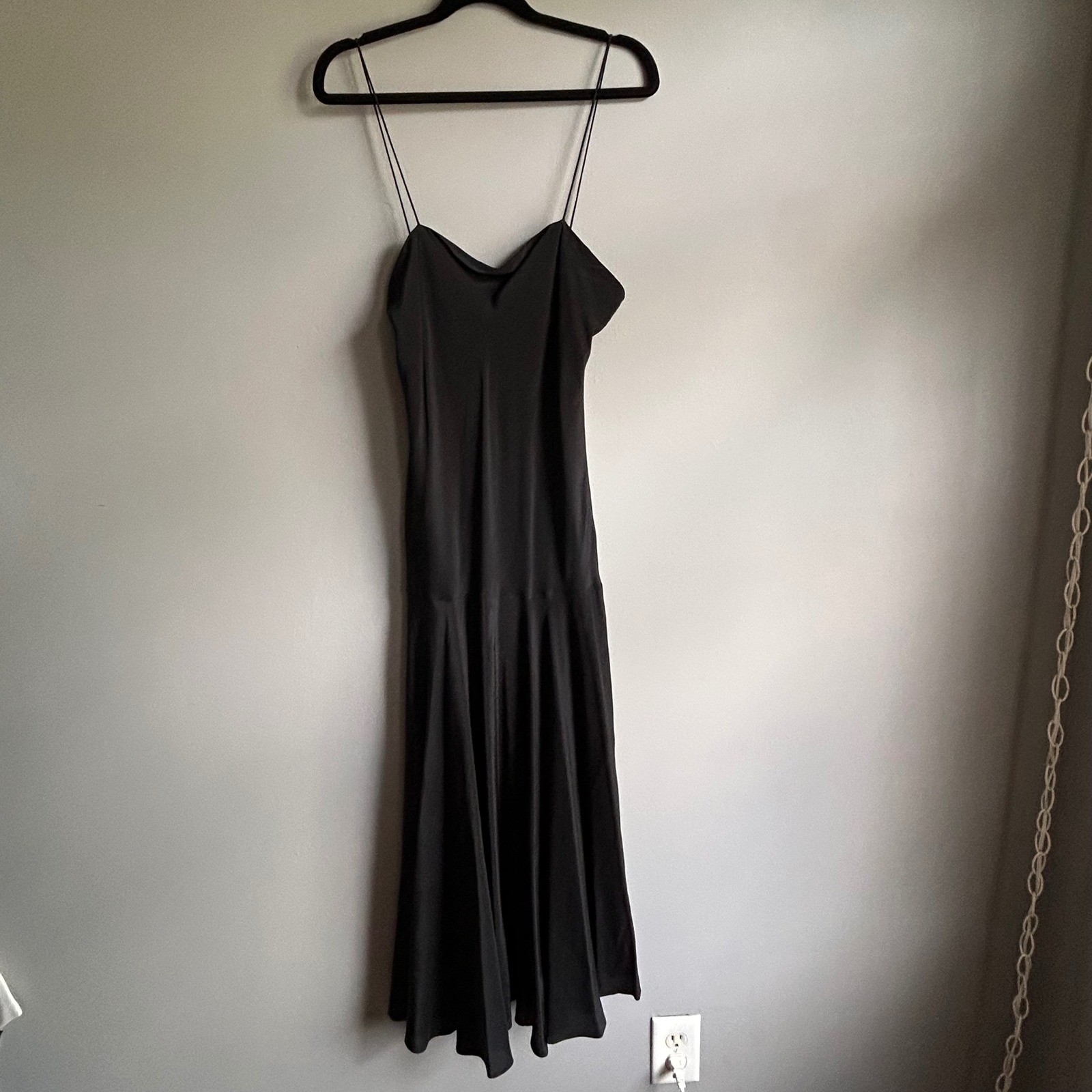 Soo Yung Lee Vintage Black Silk Blend Spaghetti Strap Cowl Midi Dress Size 10