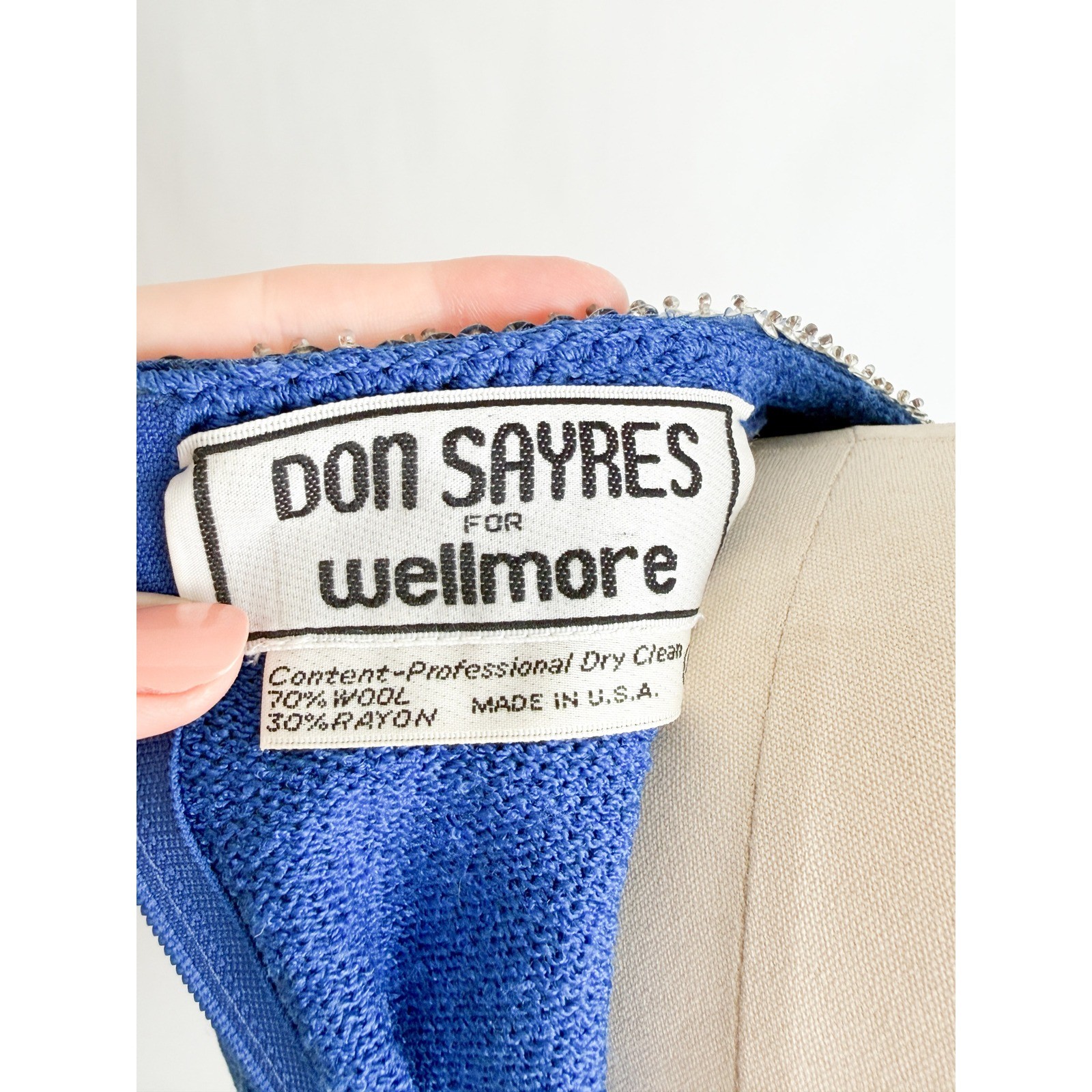 Don Sayres Wellmore Vintage Knit Dress Sequin Bow Blue Wool Blend Midi Blue S-M