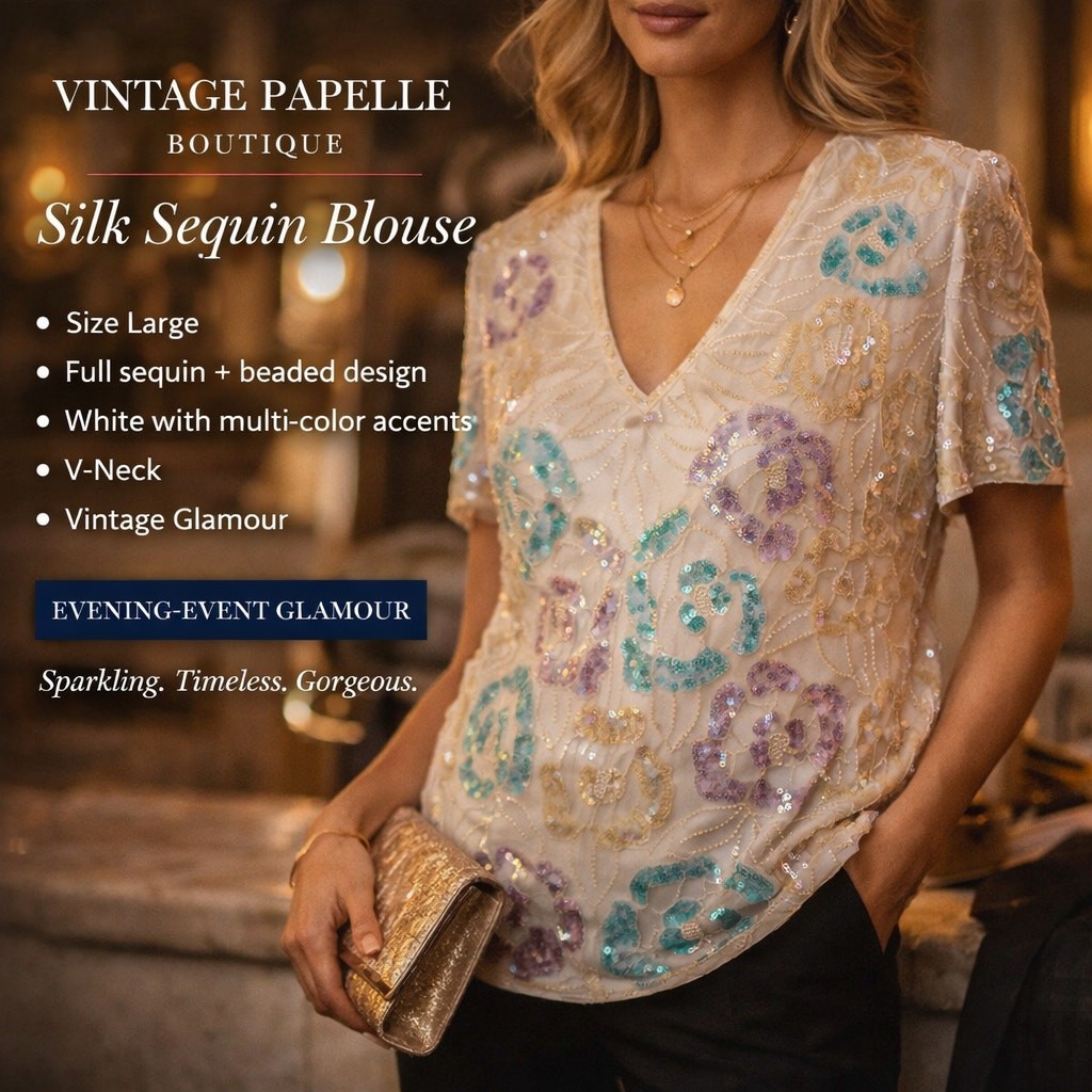 Papell Evening Silk Blouse Womens L Ivory Sequin Beaded Floral Vintage VNeck