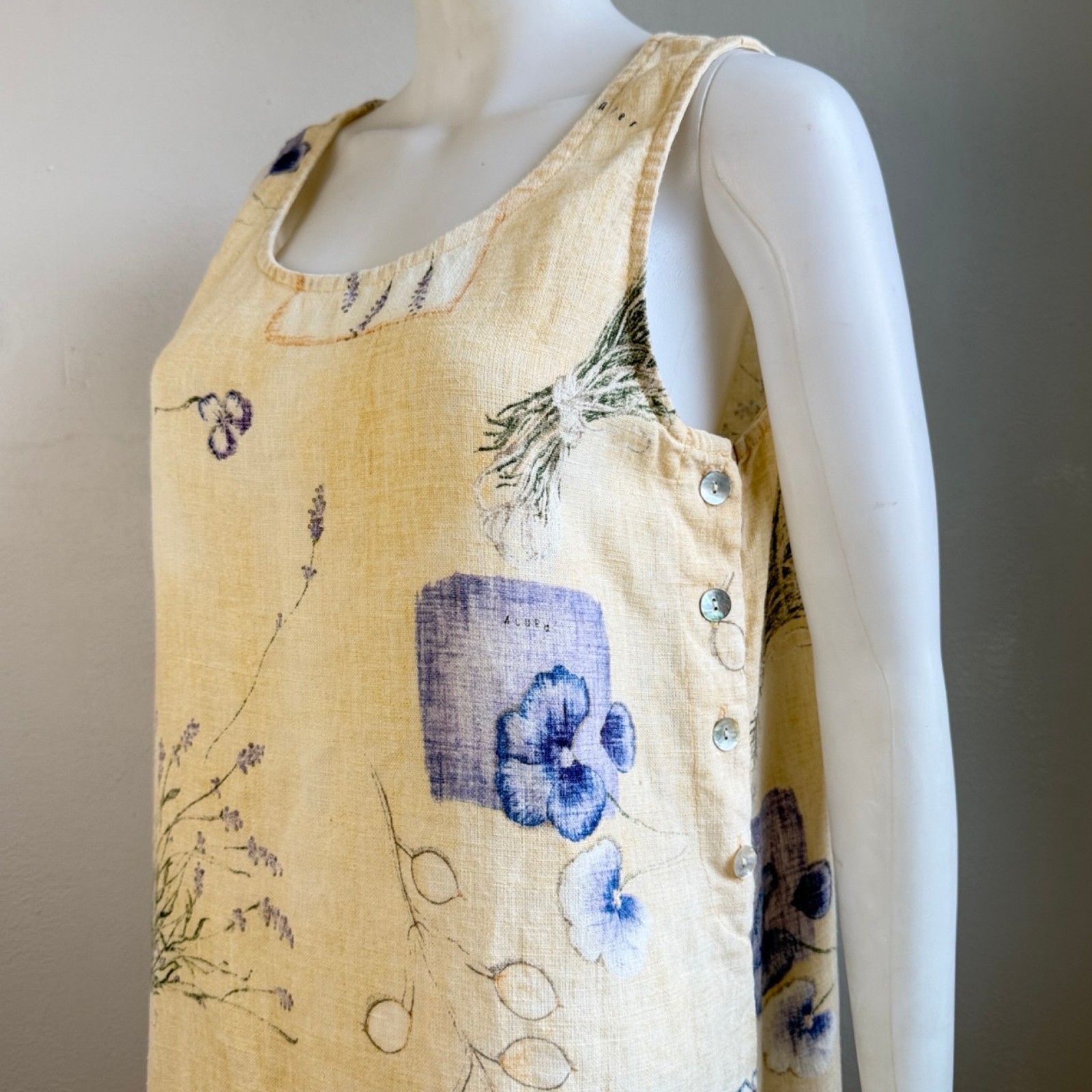 Vintage Pansy/Lavender Floral Print Linen Dress Top Set Size Medium 90s Yellow