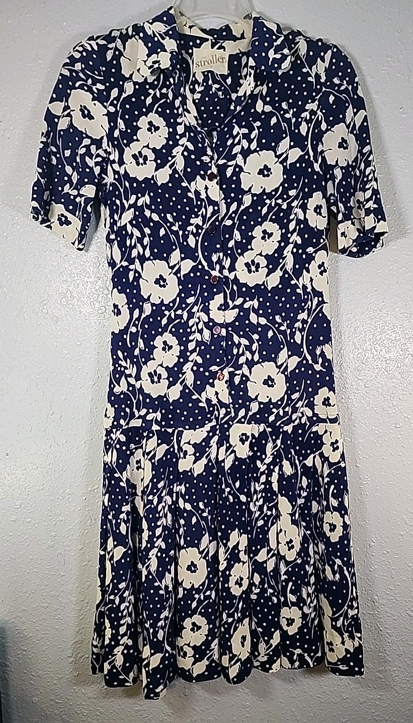 Vintage The Stroller 50s- 60s Blue With White Flowers Drop Waist Dress Button