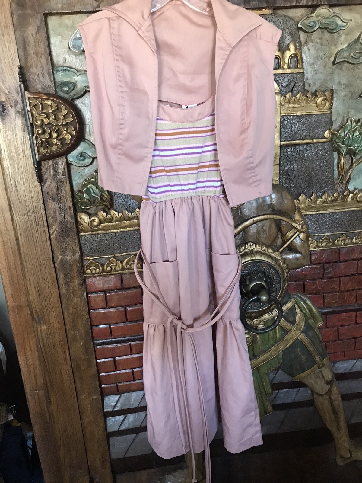 VTG 70s Jody T of Cali two piece mauve pink crop vest and striped belted dress