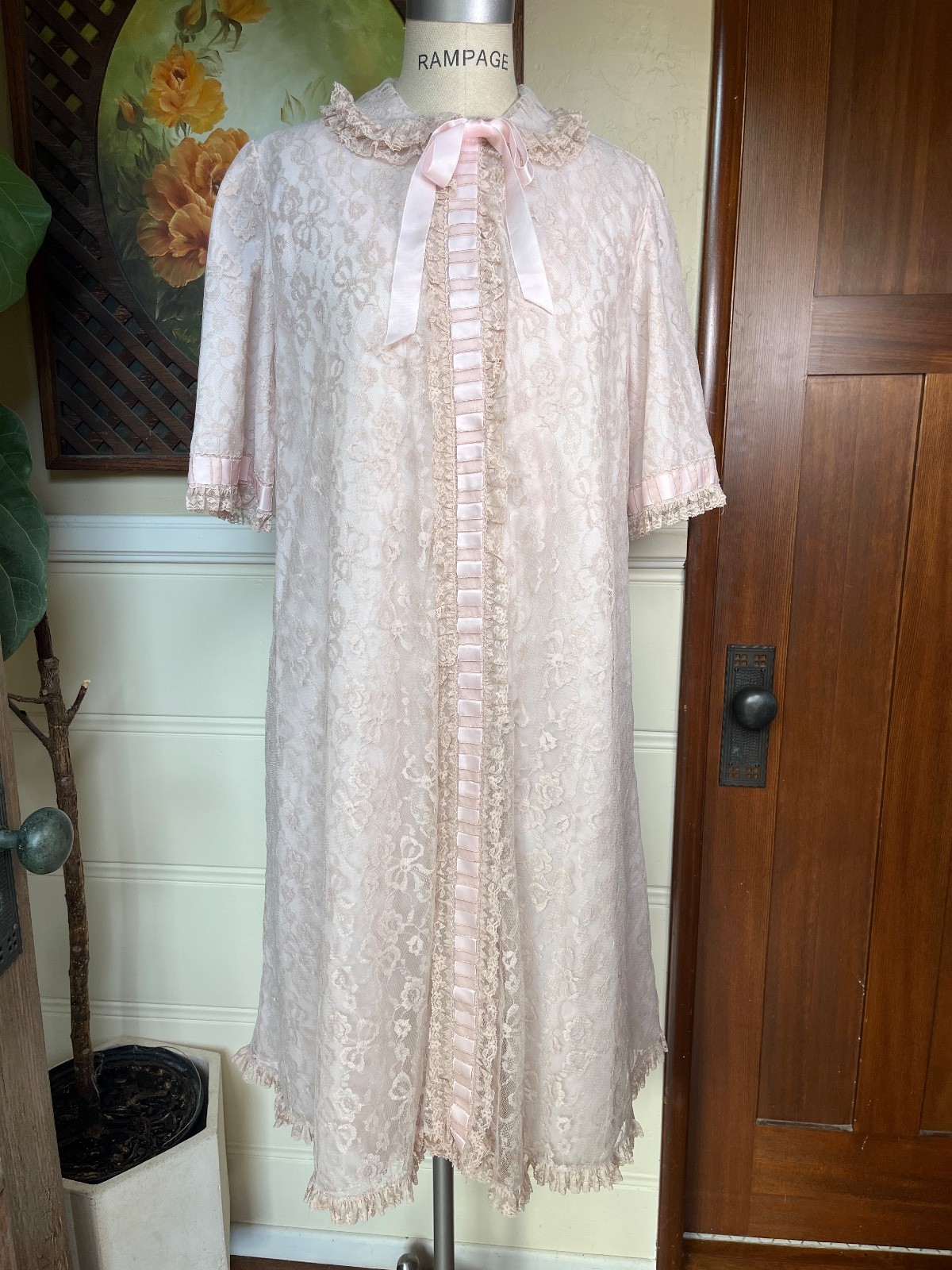 VTG Odette Barsa Floral Lace Robe & Pink Chiffon Nightgown Peignoir Coquette M/L