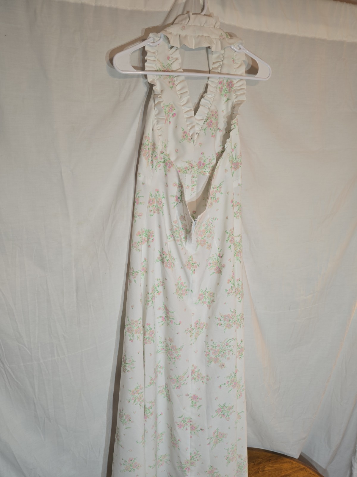 1970s Floral Halter Maxi Dress with Ruffle Trim