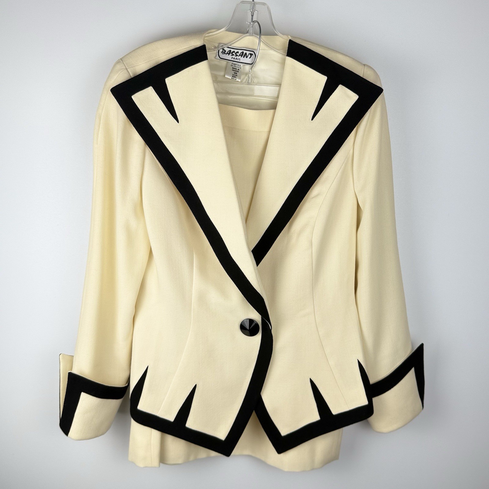 Vtg Bassant Paris Wool Skirt Suit Women’s S/M Cream Black Trim Haute Couture 90s