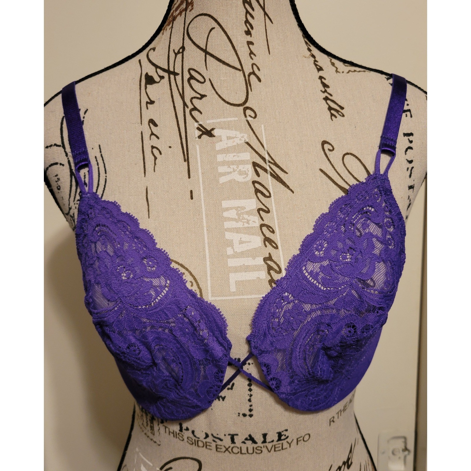 Vtg Victorias Secret Gold Label Purple Lace Mesh Bra 32D Made in USA Underwire