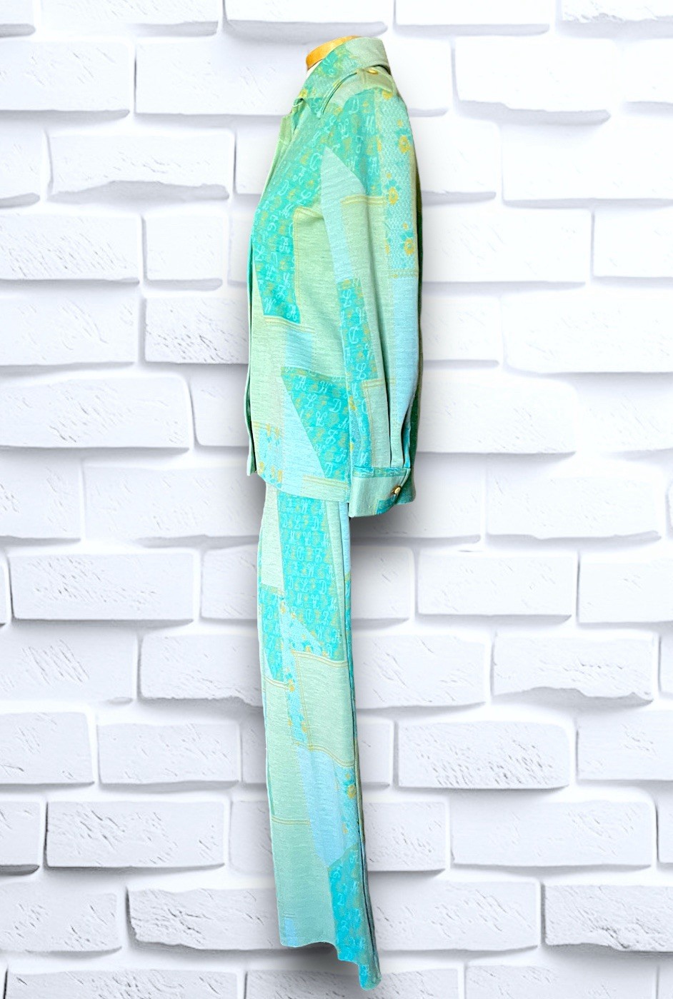 1960’s Teal, Sea Foam Green & Yellow Patchwork & Monogram Pattern Suit Spring