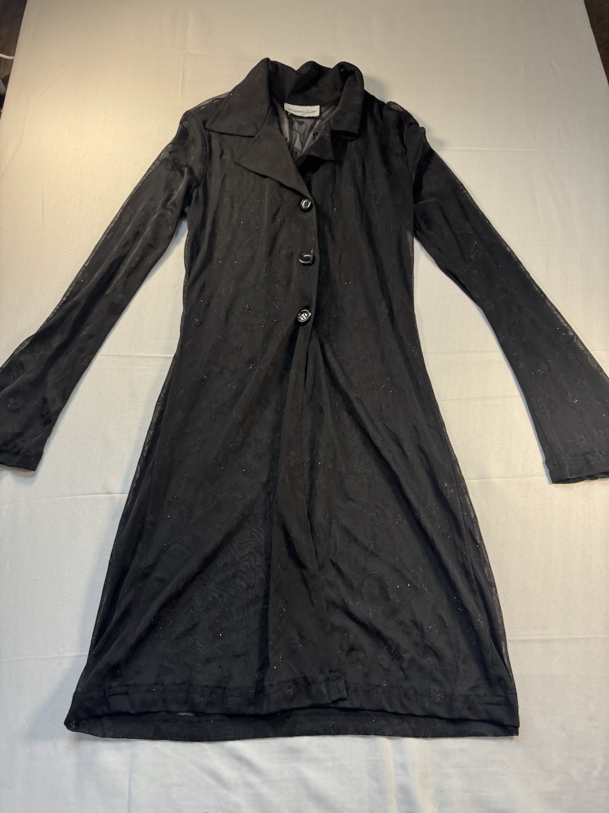 Vintage 90s Breakin Loose Sheer Black Glitter Mesh Duster Midi Shirt Dress Small